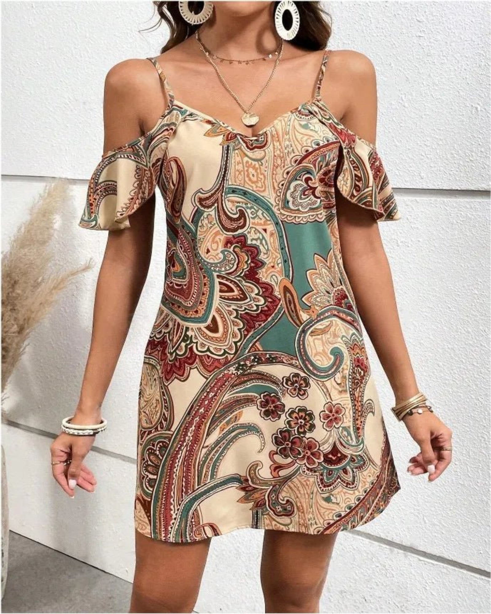 Hallie – Bohemian Floral V - Neck Spaghetti Dress - Boho Style - Beige - S -