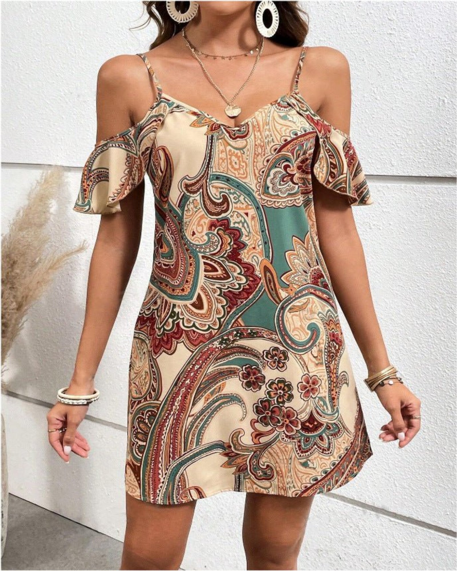 Hallie – Bohemian Floral V - Neck Spaghetti Dress - Boho Style - Beige - S -