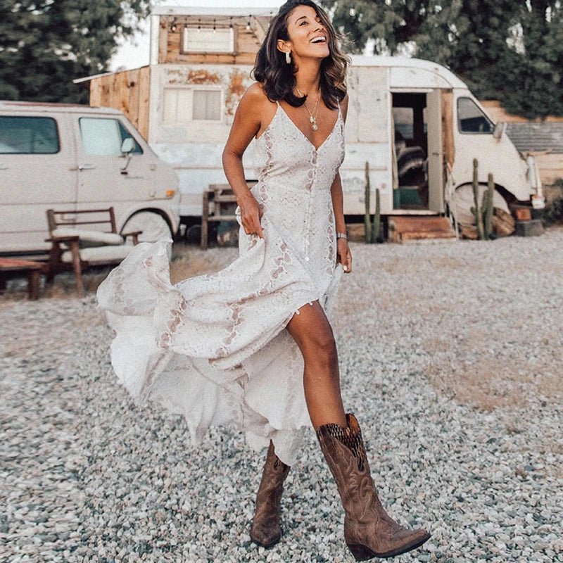 Harper – Boho White Crochet Midi Dress with Cut - Outs - Dress - Boho Style