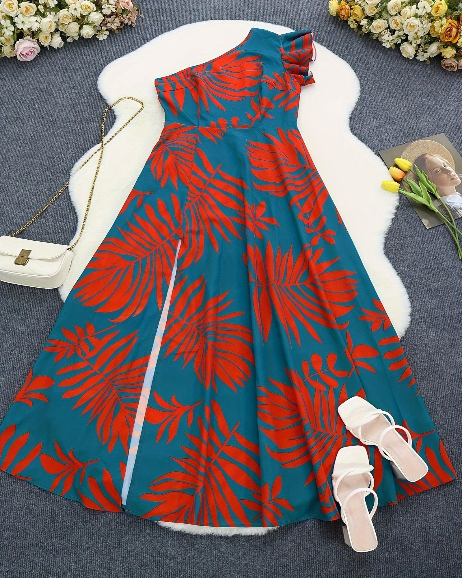 Juniper – Chic One - Shoulder Geometric Boho Dress with Ruffles - Dresses - Boho Style