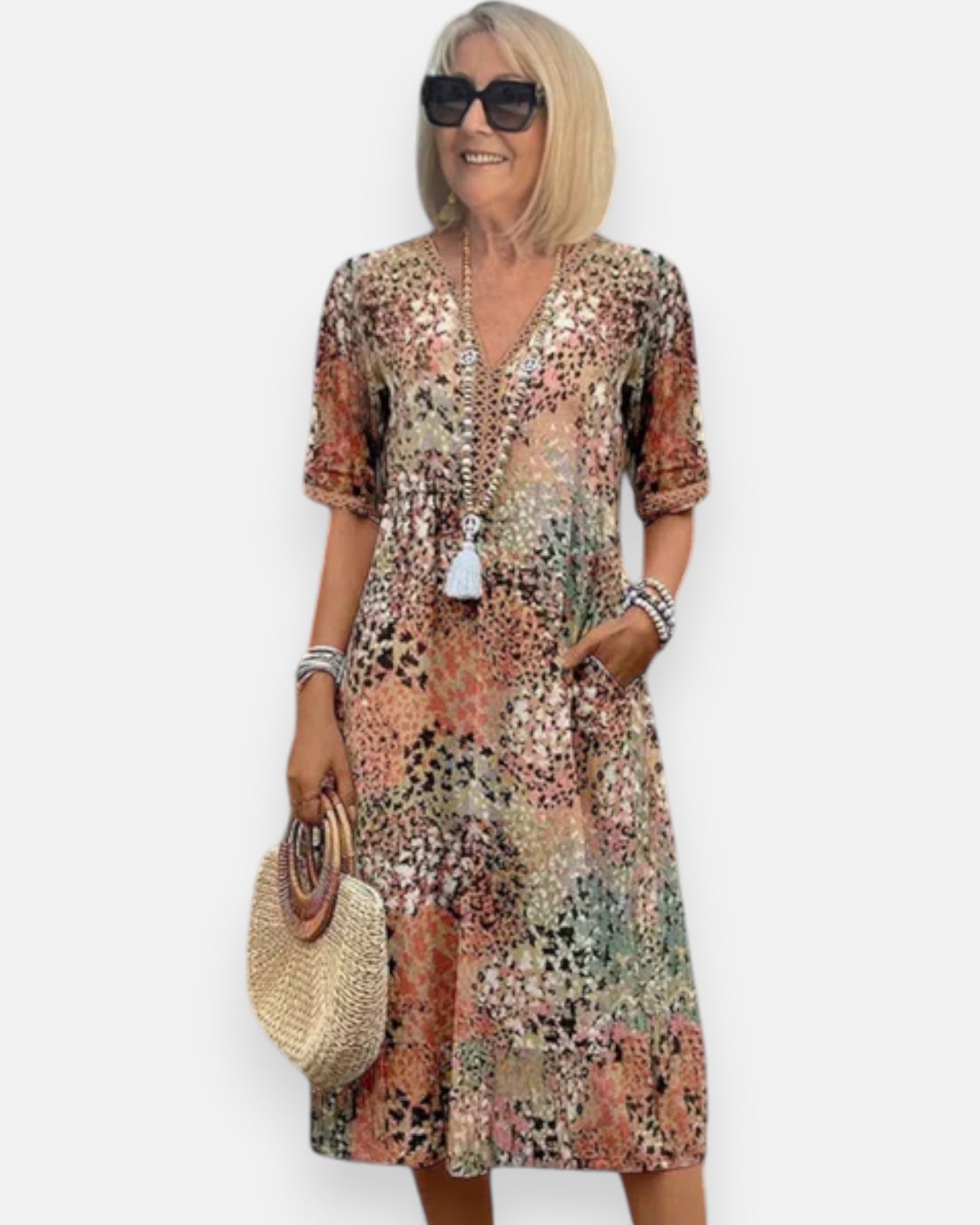 Lila – Effortless Boho Midi Dress - Boho Style - Beige - S -