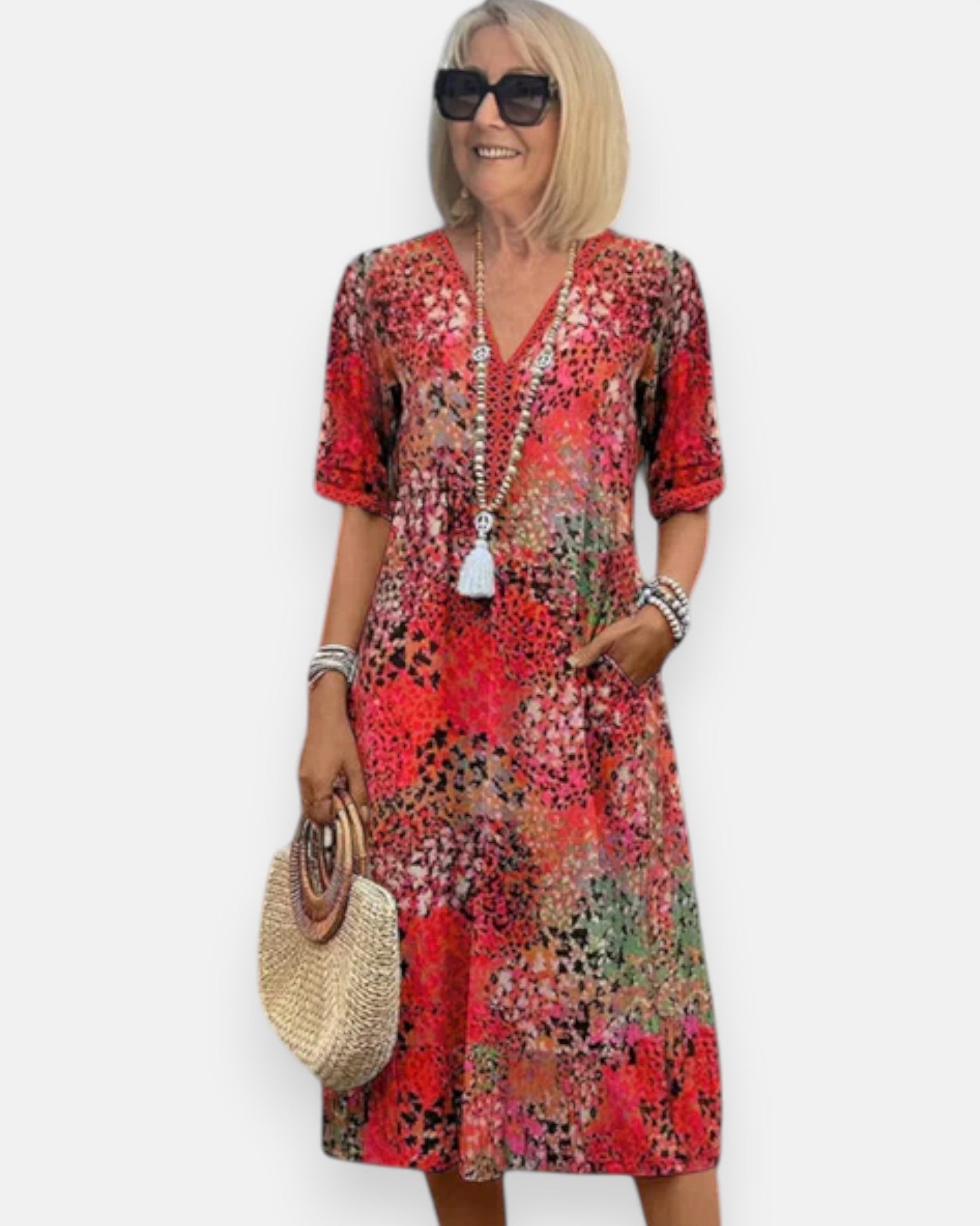 Lila – Effortless Boho Midi Dress - Boho Style - Red - S -