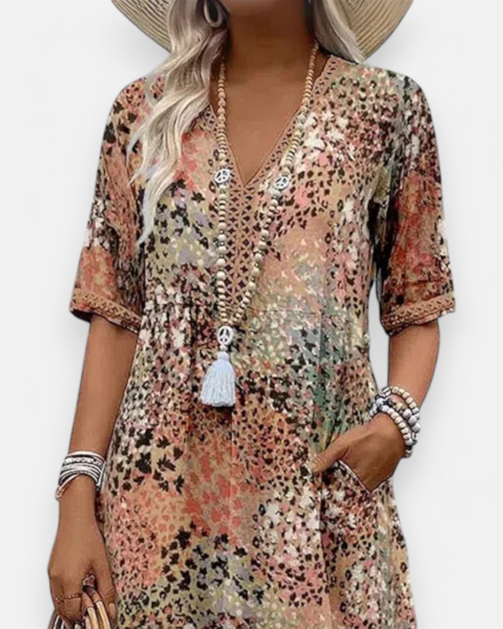 Lila – Effortless Boho Midi Dress - Boho Style - Beige - S -