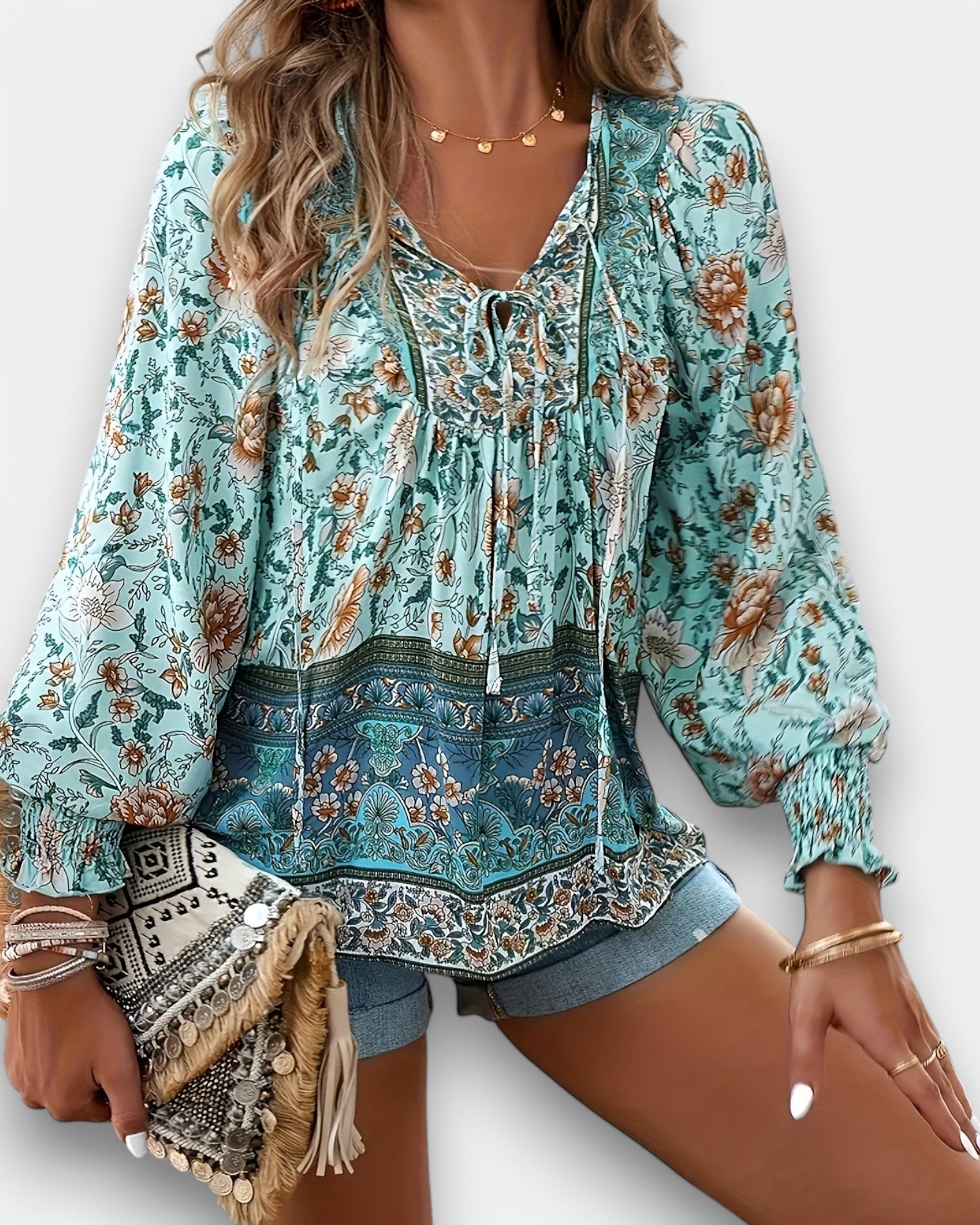 Lily – Bohemian Floral V - Neck Tie - Back Blouse - Blouse - Boho Style
