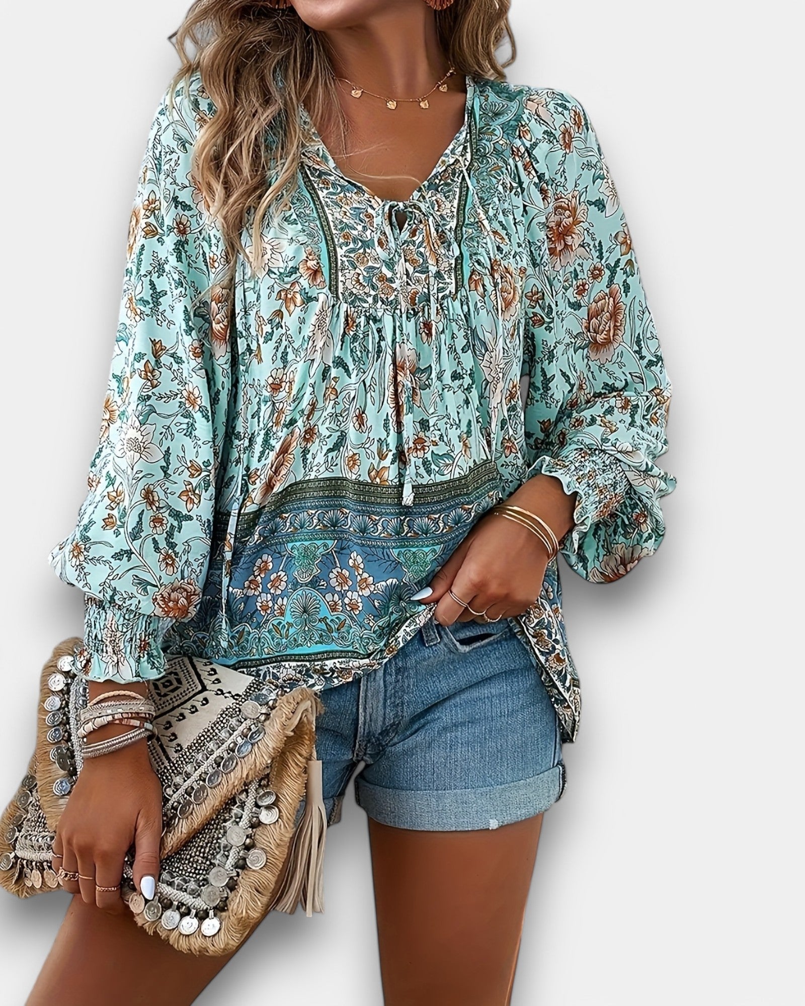Lily – Bohemian Floral V - Neck Tie - Back Blouse - Blouse - Boho Style