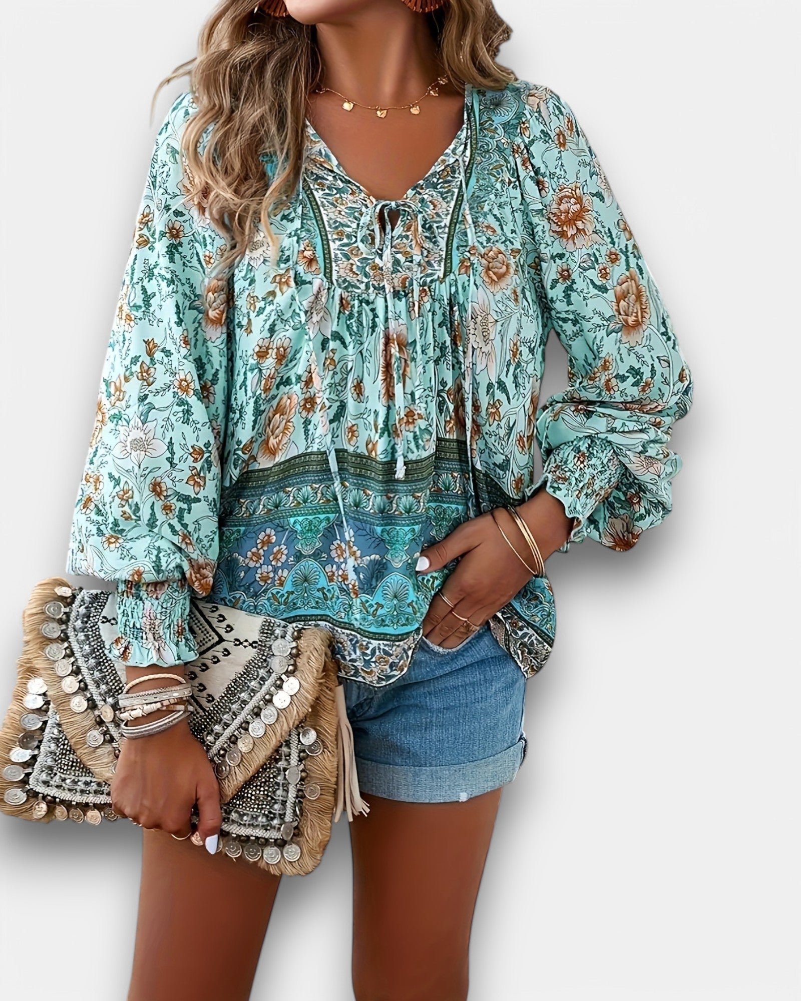 Lily – Bohemian Floral V - Neck Tie - Back Blouse - Blouse - Boho Style