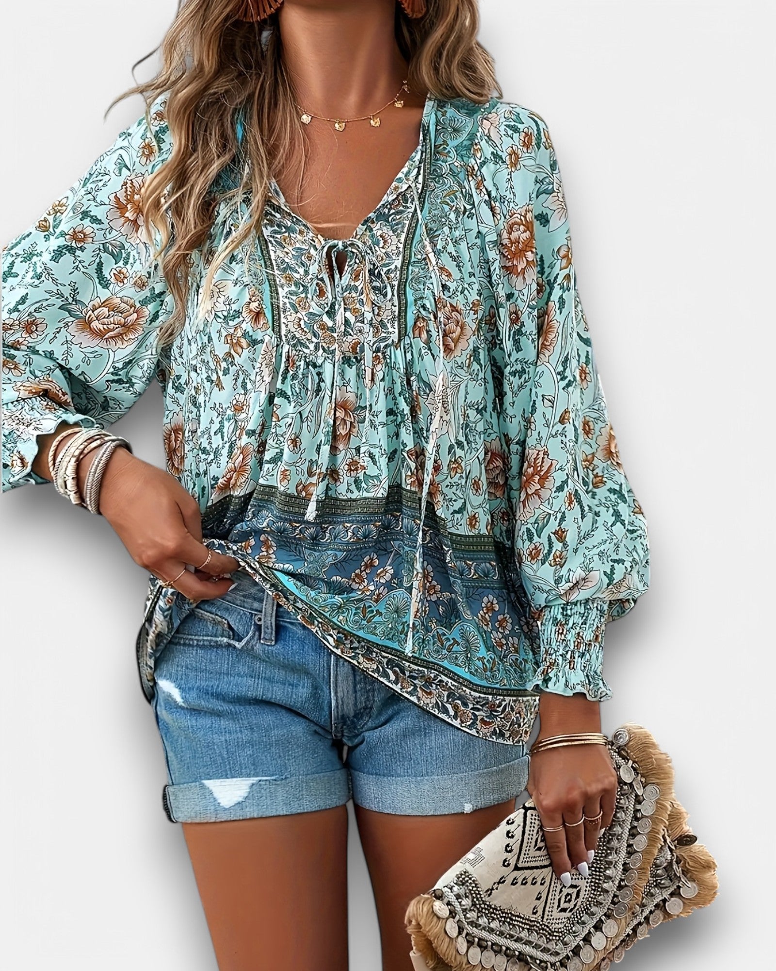 Lily – Bohemian Floral V - Neck Tie - Back Blouse - Blouse - Boho Style