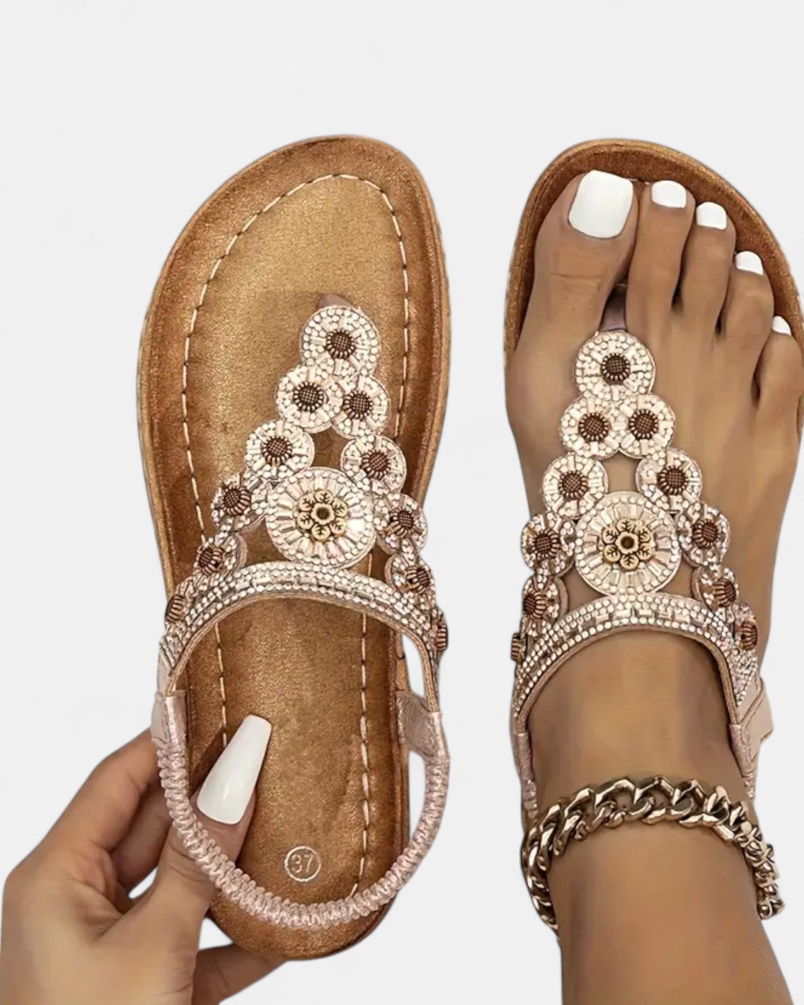 Lily – Boho Floral Flat Sandals with Elastic Straps & Toe Post - Sandals - Boho Style