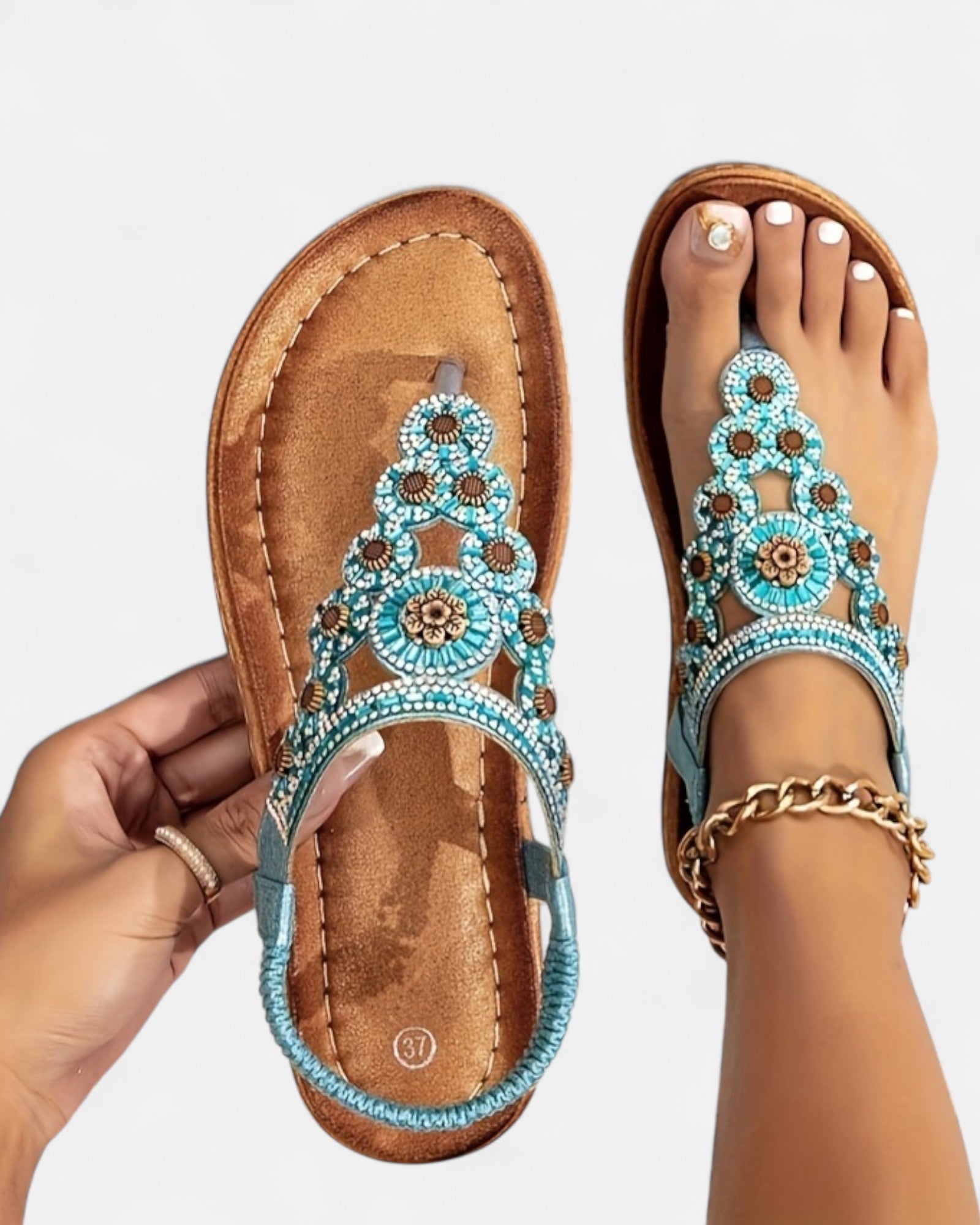 Lily – Boho Floral Flat Sandals with Elastic Straps & Toe Post - Sandals - Boho Style