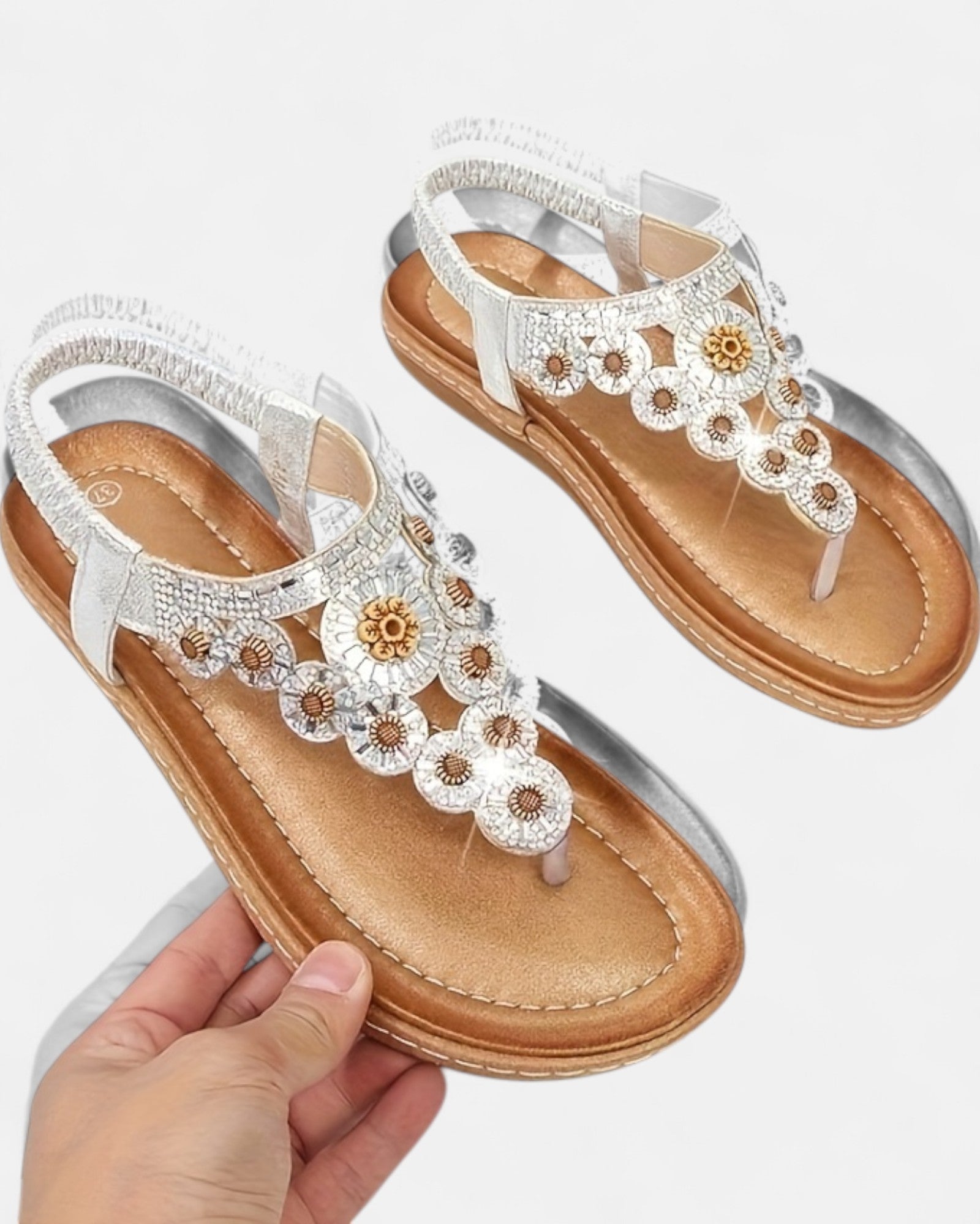 Lily – Boho Floral Flat Sandals with Elastic Straps & Toe Post - Sandals - Boho Style