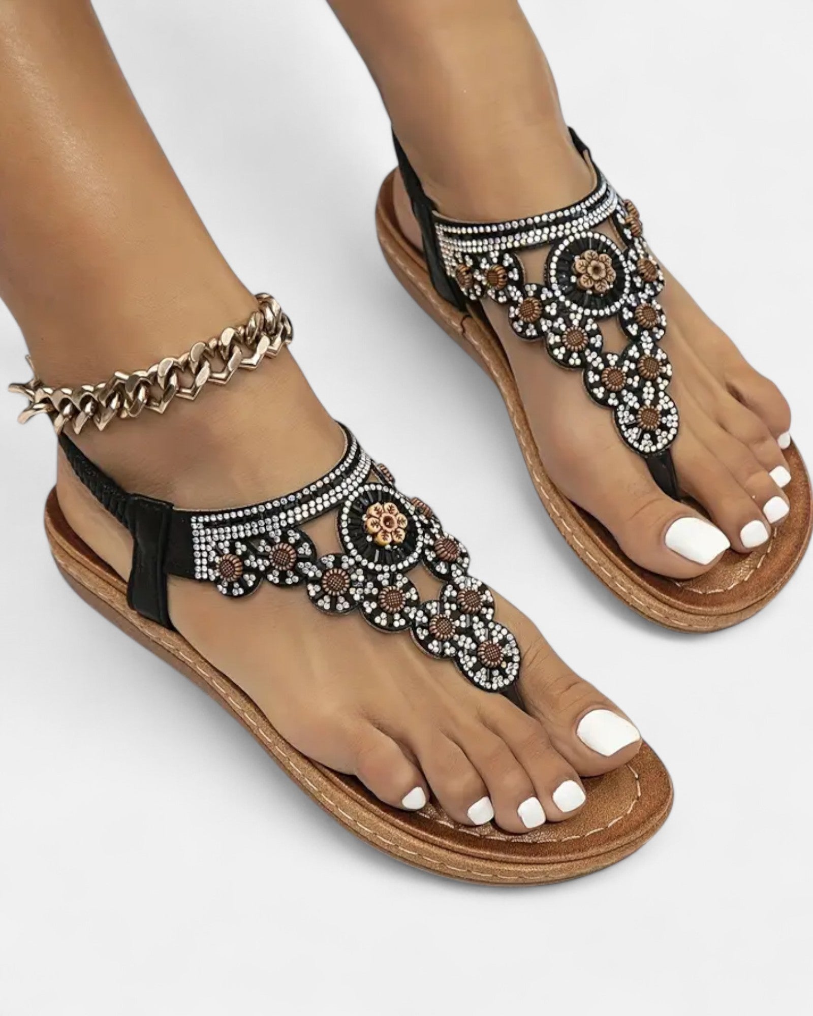 Lily – Boho Floral Flat Sandals with Elastic Straps & Toe Post - Sandals - Boho Style