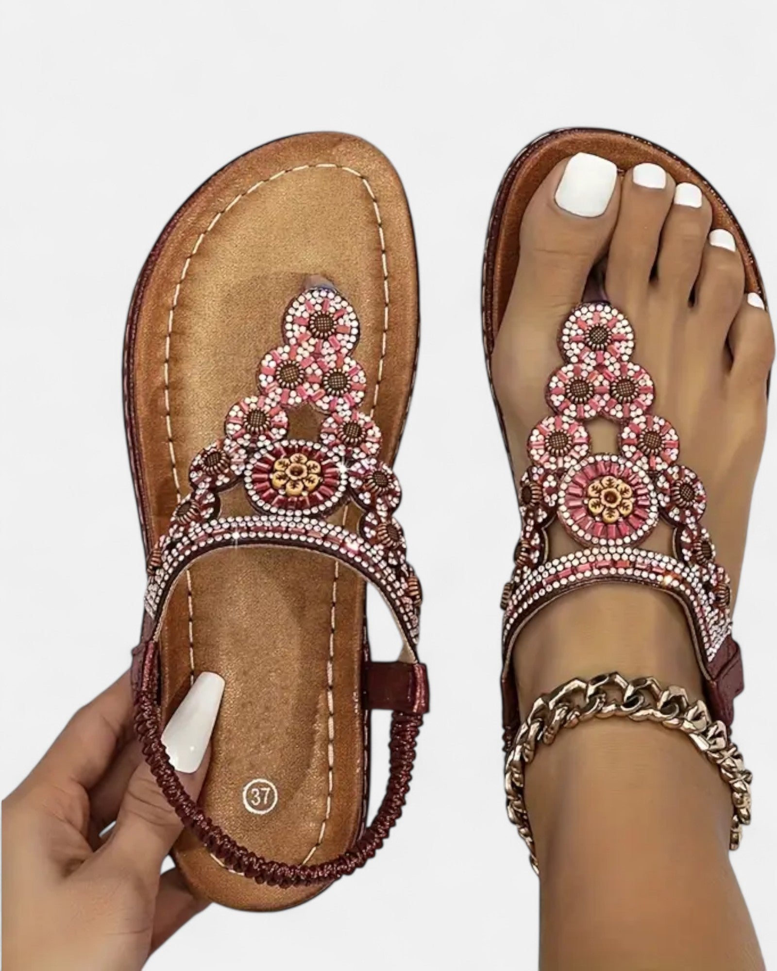Lily – Boho Floral Flat Sandals with Elastic Straps & Toe Post - Sandals - Boho Style