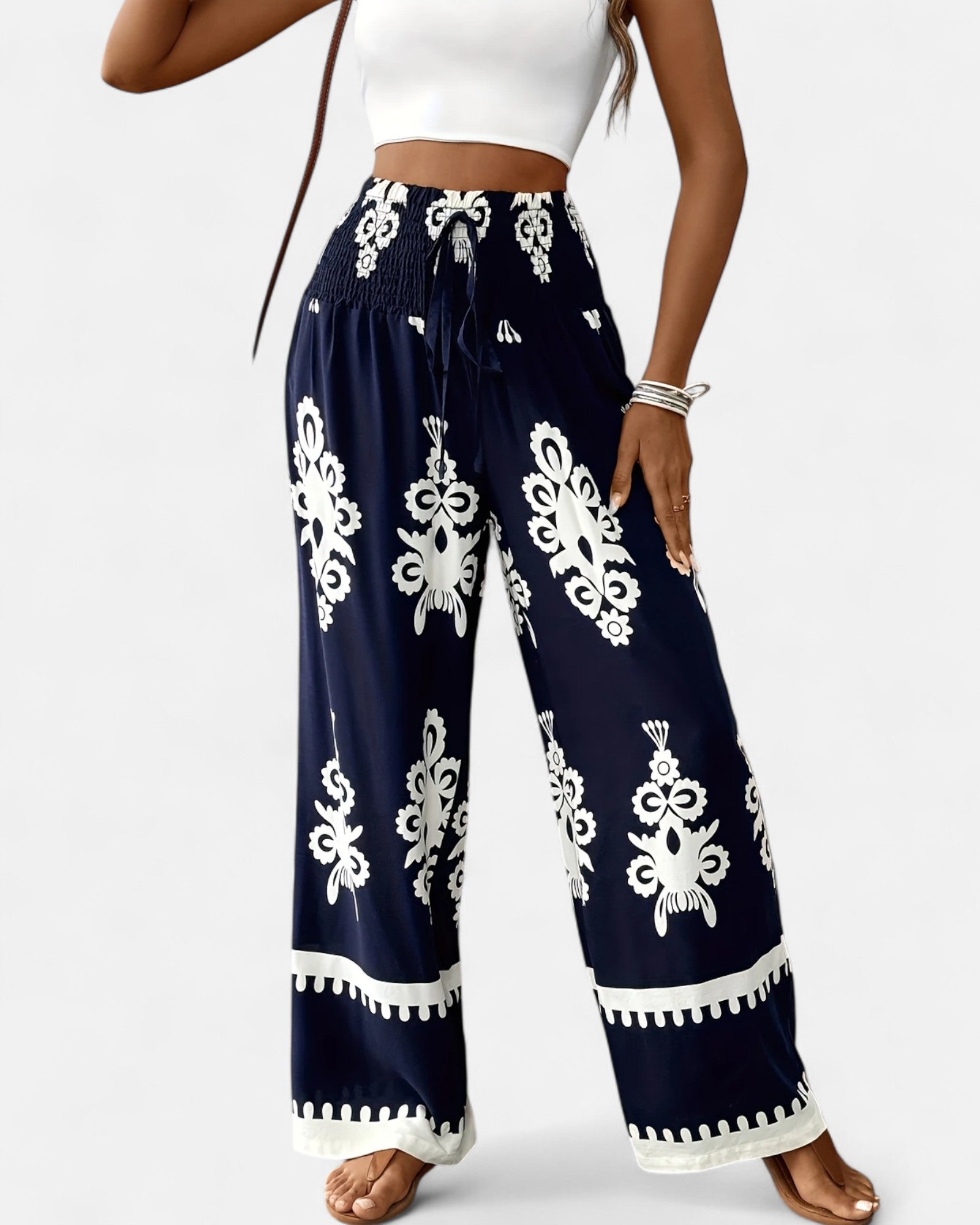 Lily – Navy Floral Boho Wide - Leg Trousers with Drawstring - Trouser - Boho Style