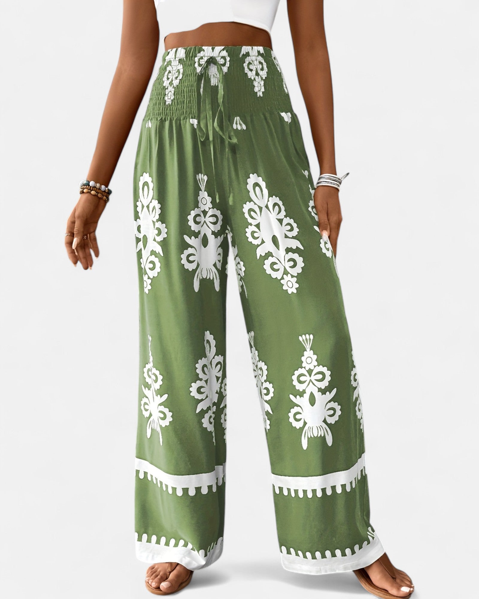 Lily – Navy Floral Boho Wide - Leg Trousers with Drawstring - Trouser - Boho Style