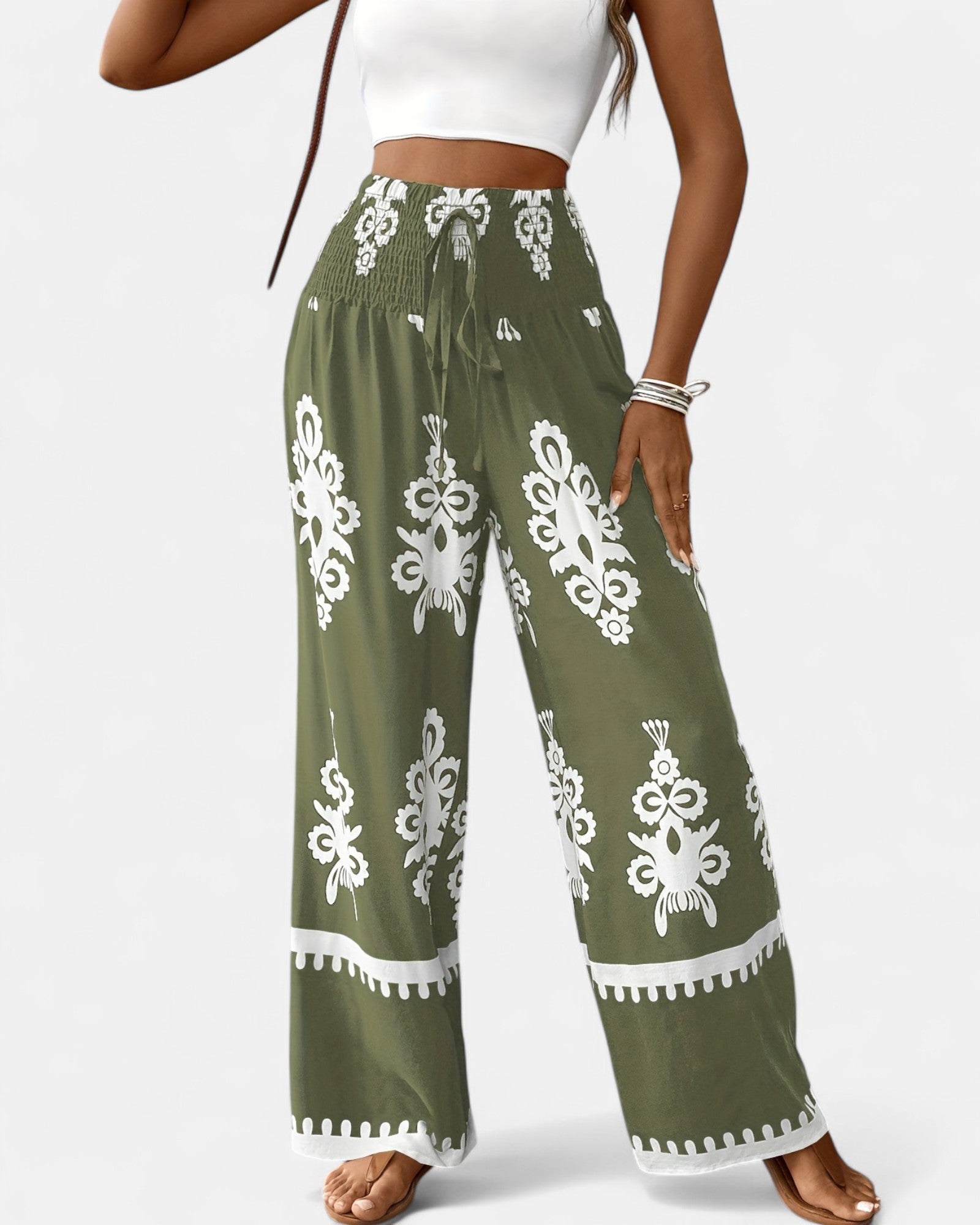 Lily – Navy Floral Boho Wide - Leg Trousers with Drawstring - Trouser - Boho Style