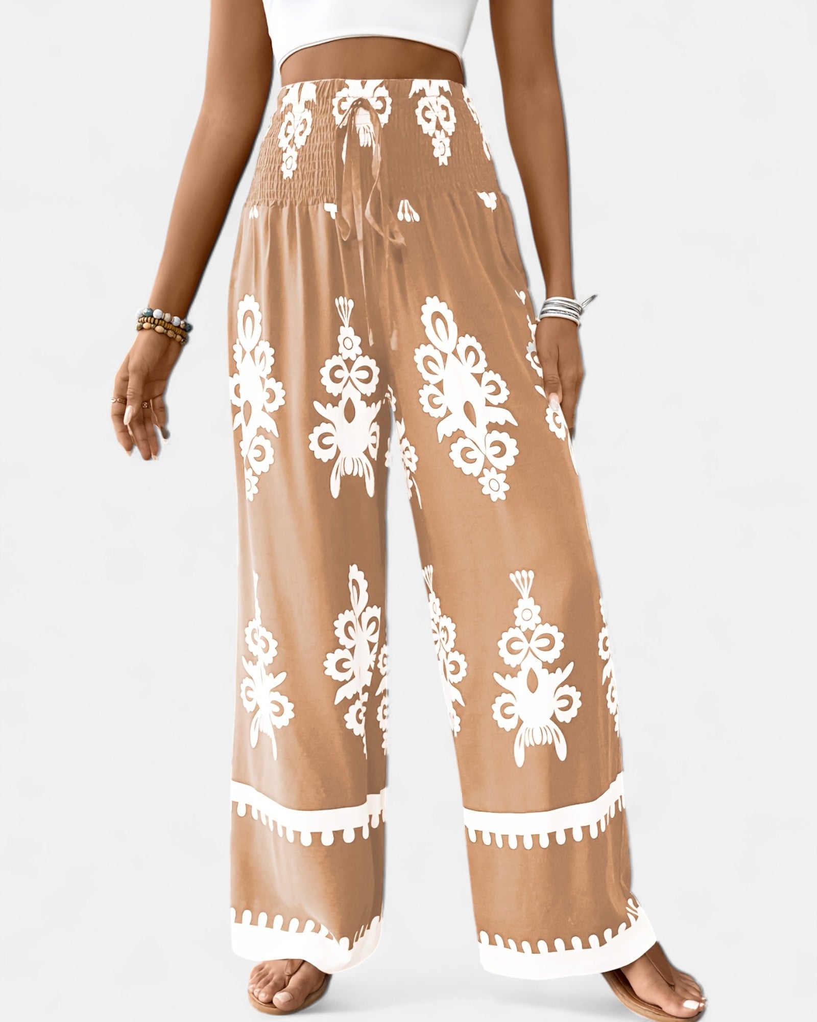 Lily – Navy Floral Boho Wide - Leg Trousers with Drawstring - Trouser - Boho Style