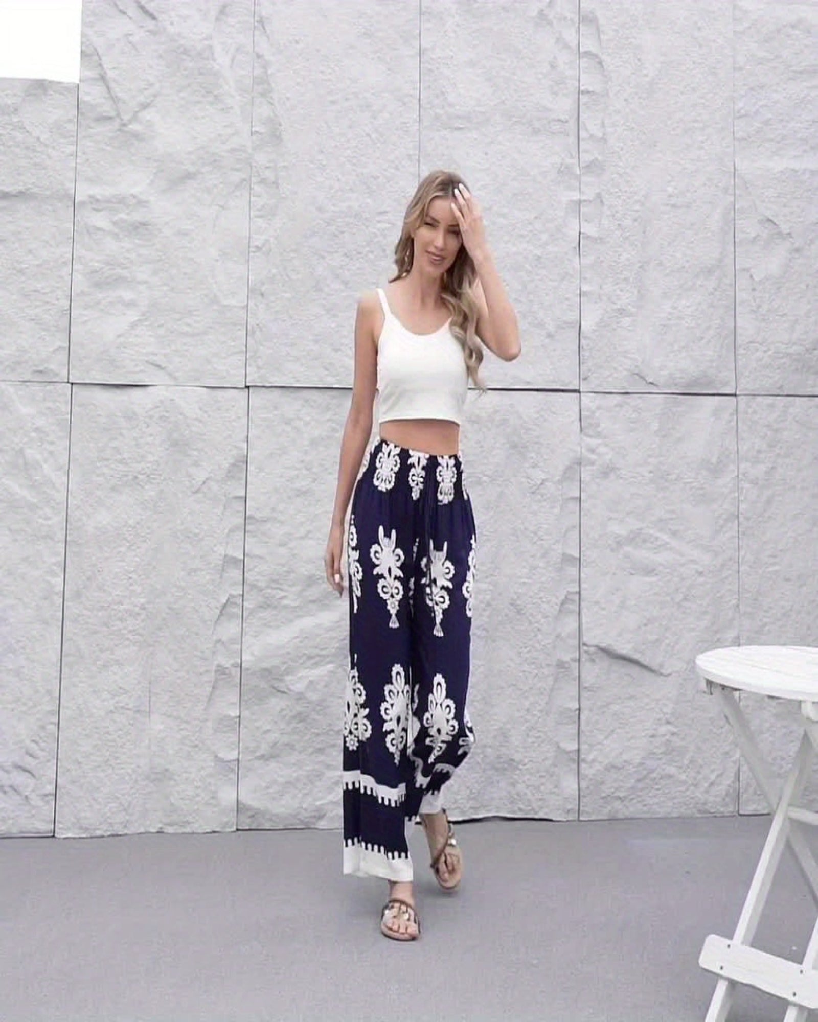 Lily – Navy Floral Boho Wide - Leg Trousers with Drawstring - Trouser - Boho Style
