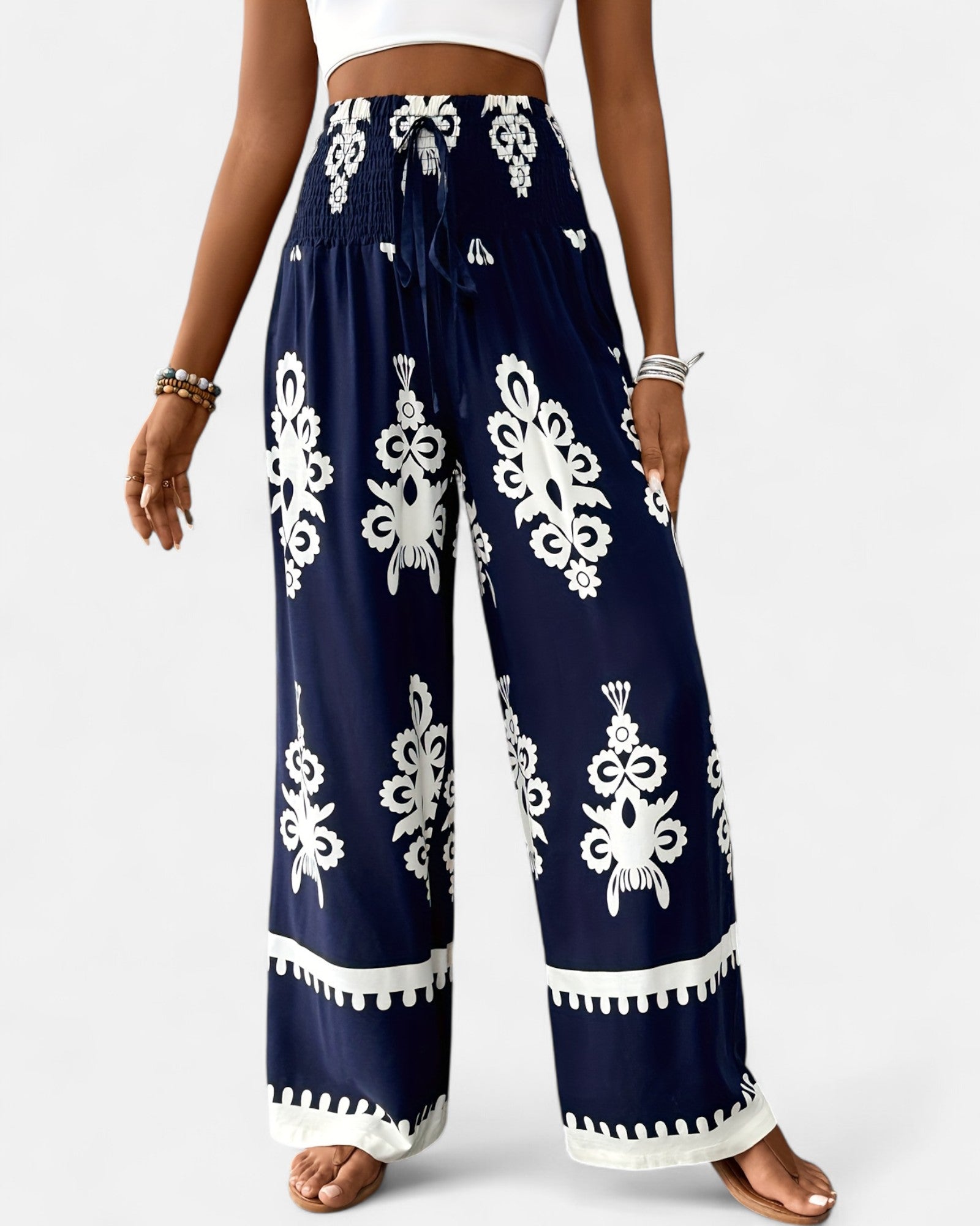Lily – Navy Floral Boho Wide - Leg Trousers with Drawstring - Trouser - Boho Style