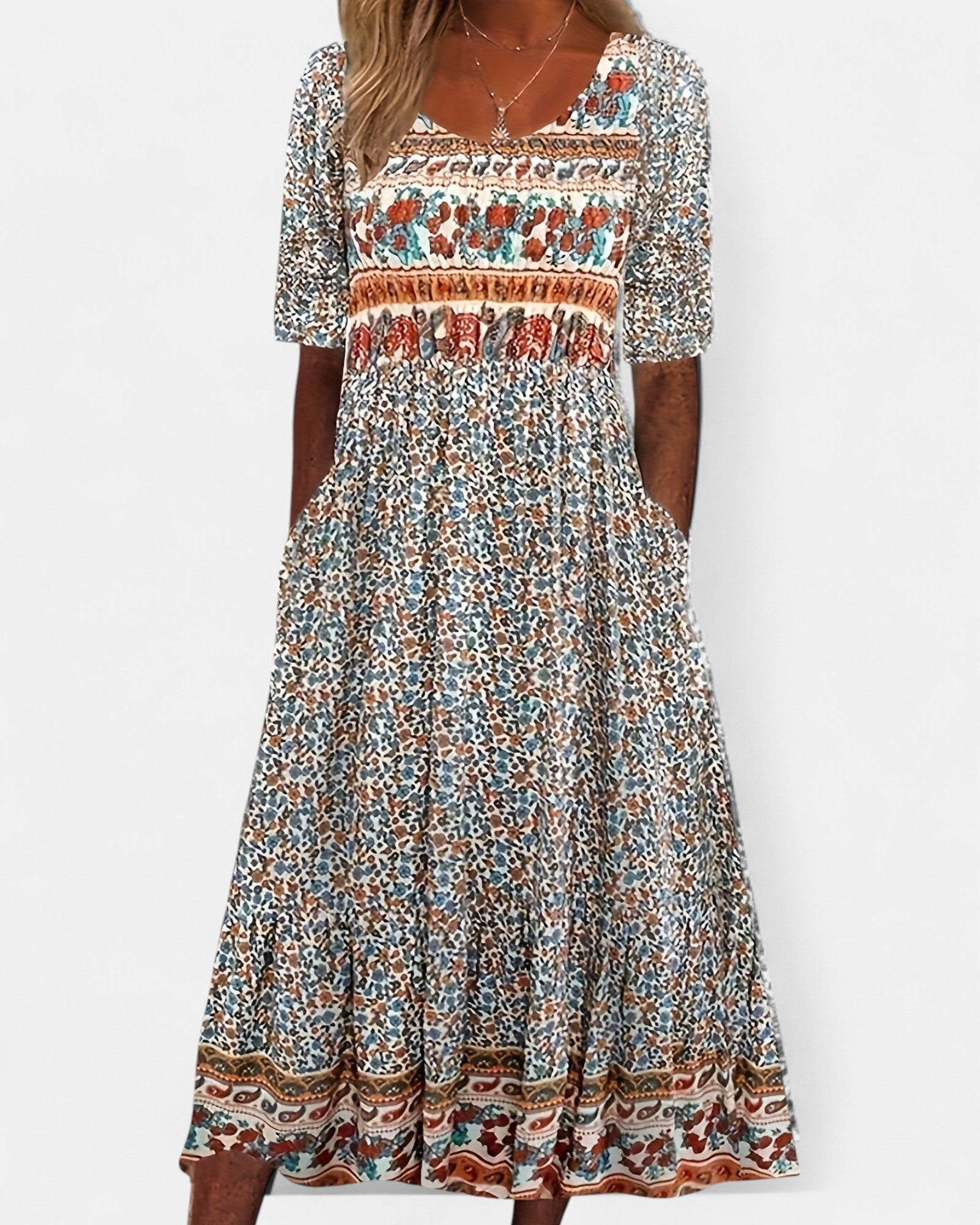 Mabel – Effortlessly Chic Boho Paisley Dress - Boho Style - Light Blue - S -