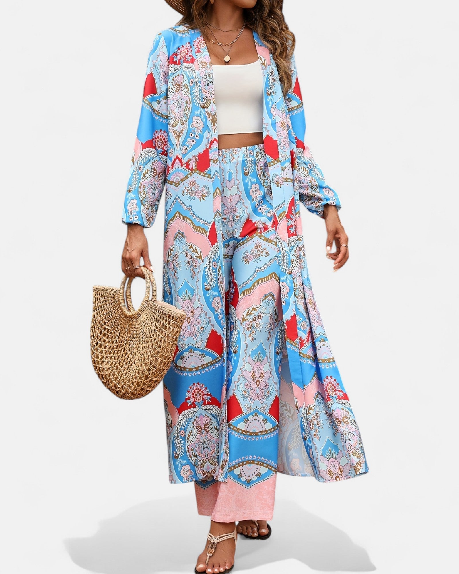 Maisie – Floral Boho Cardigan & Wide Leg Trousers Set - Outfit Sets - Boho Style