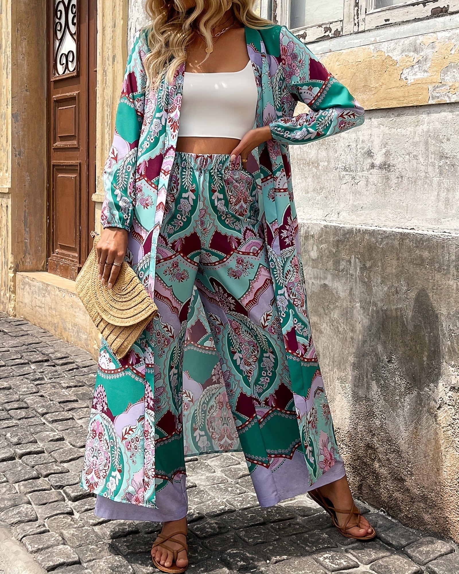 Maisie – Floral Boho Cardigan & Wide Leg Trousers Set - Outfit Sets - Boho Style