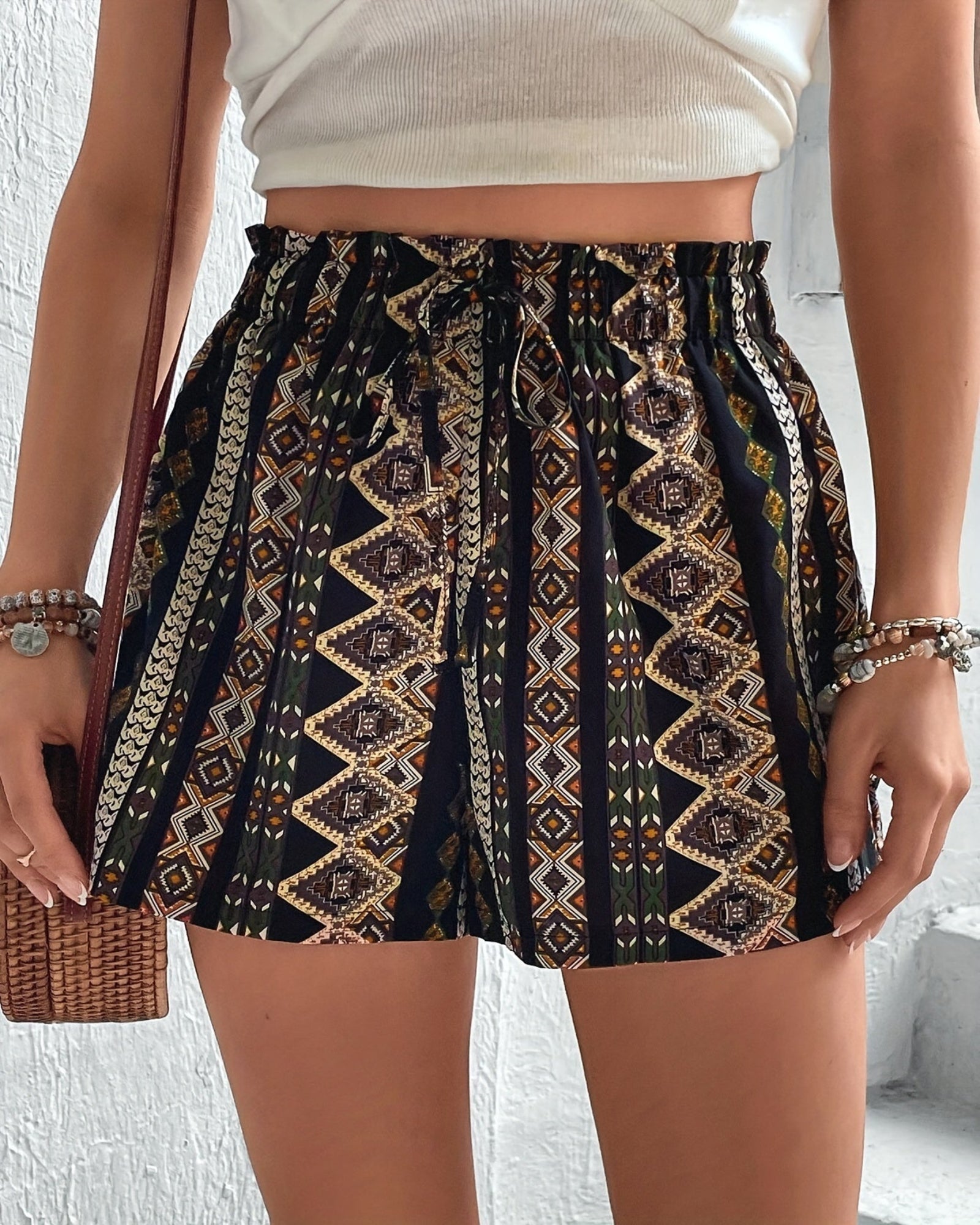 Marnie – Boho Elastic Waist Geo - Print Shorts - Short - Boho Style