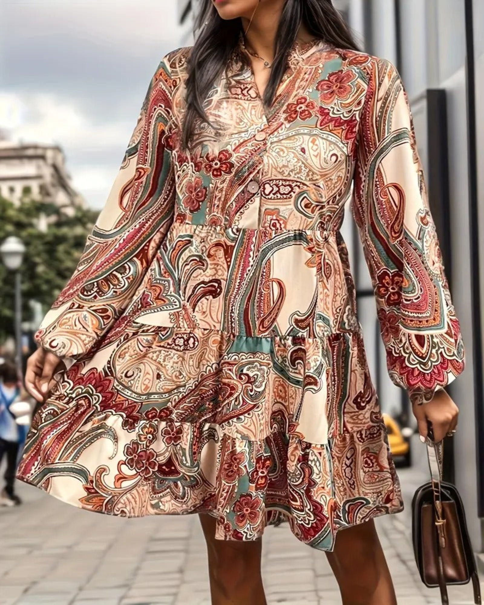 Mavis – Boho Paisley V Neck A - Line Dress - Dress - Boho Style