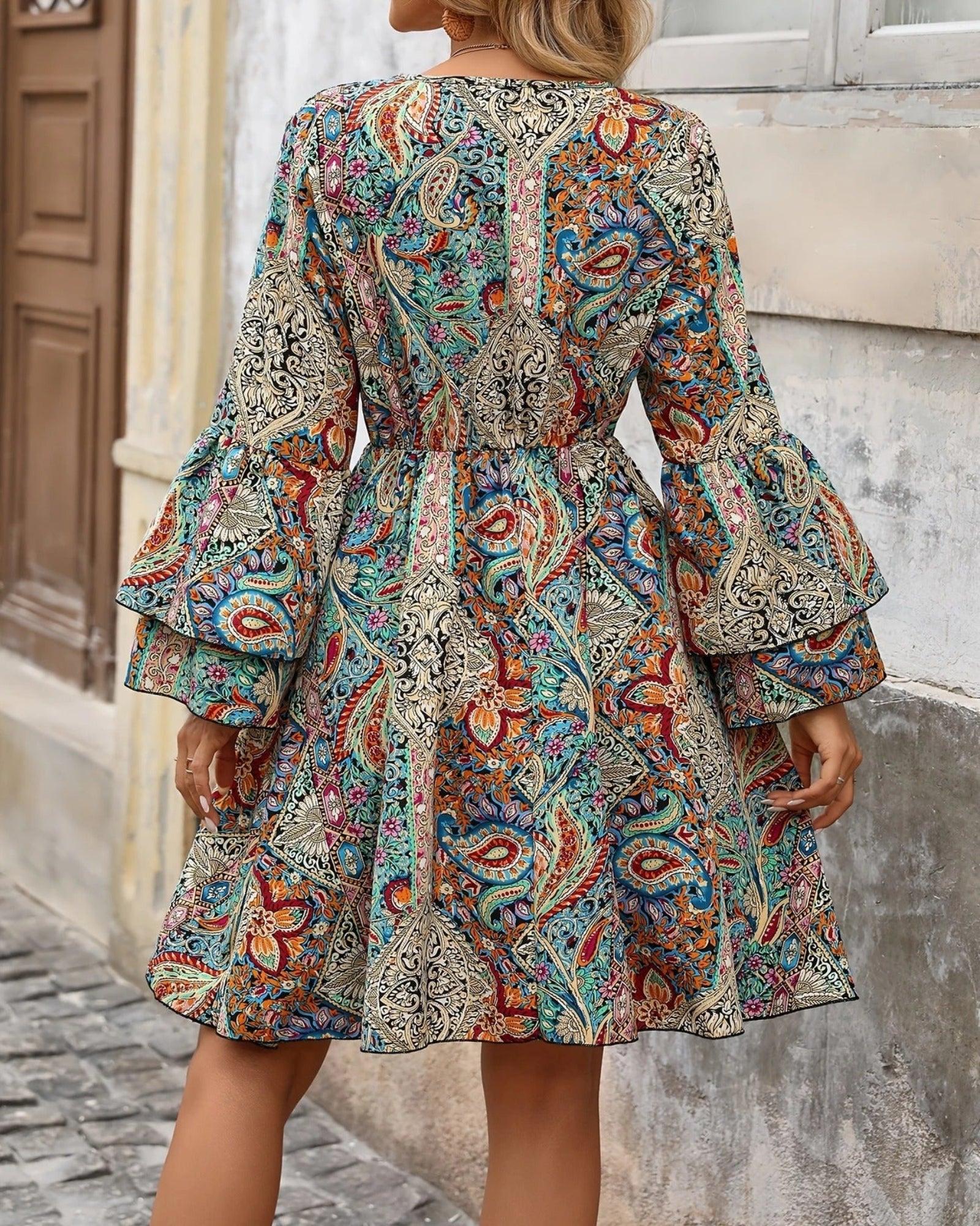 Mavis – Boho Paisley V Neck A - Line Dress - Dress - Boho Style