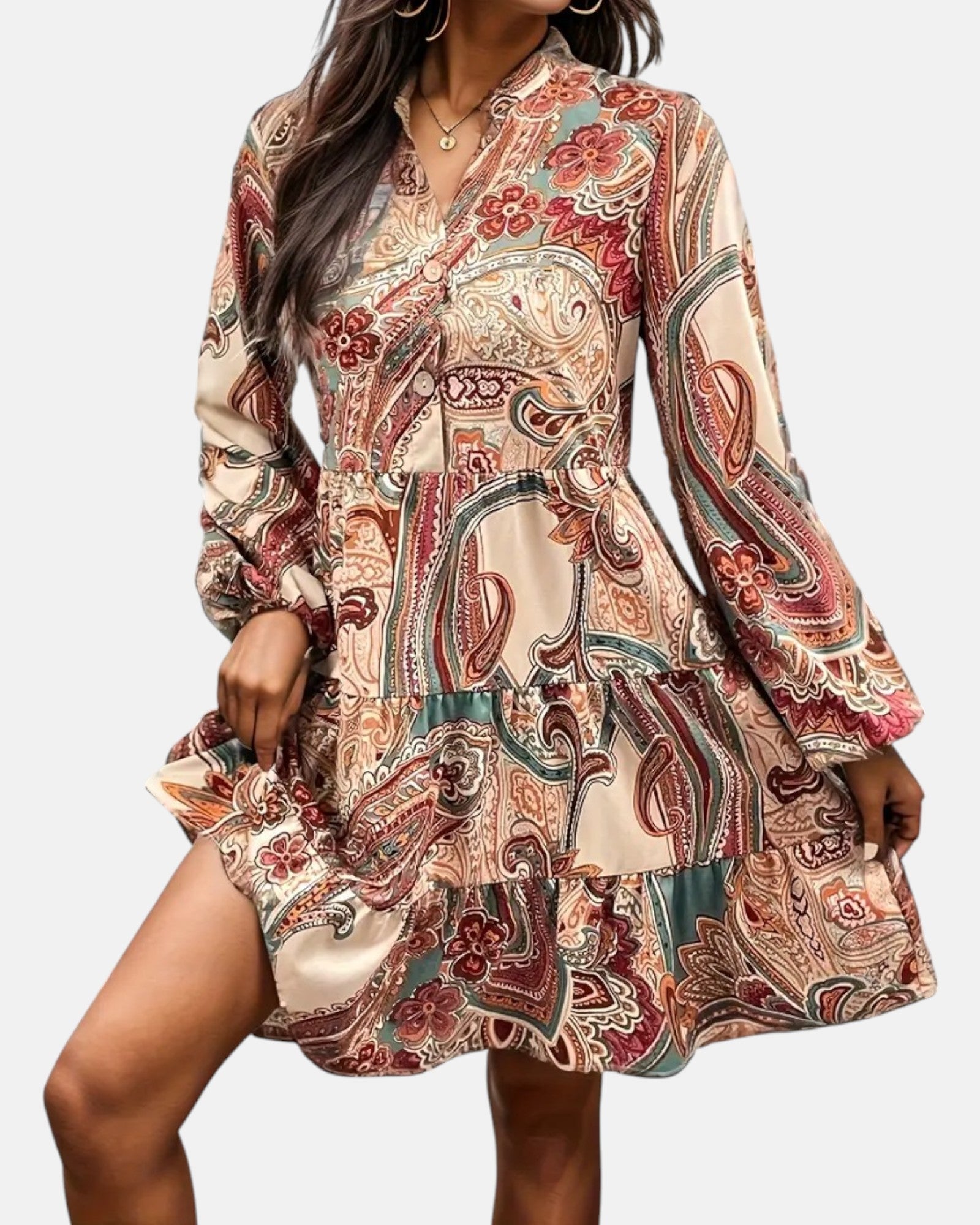 Mavis – Boho Paisley V Neck A - Line Dress - Dress - Boho Style