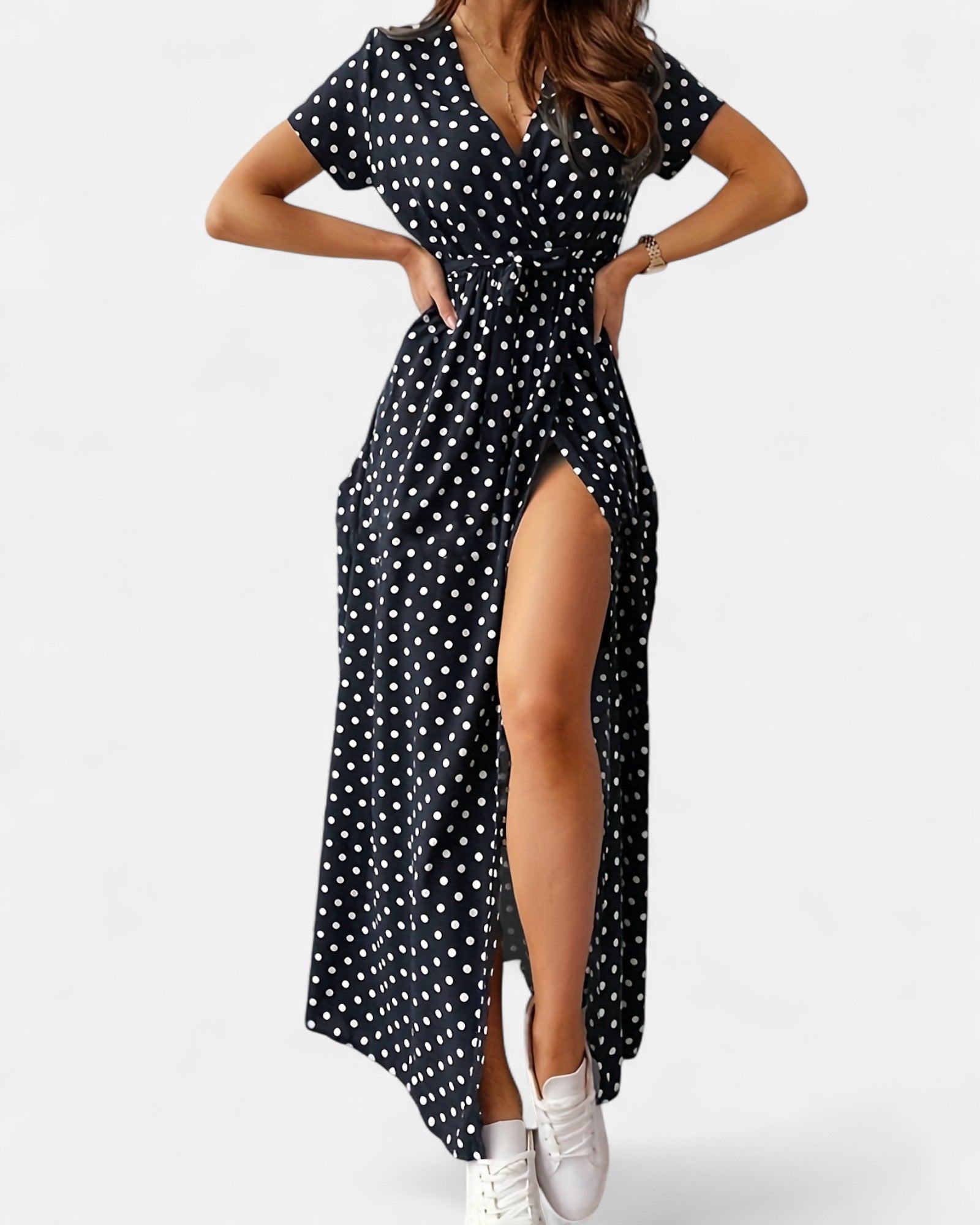 Mavis – Chic V - Neck Polka Dot Midi Dress with Side Slit - Dresses - Boho Style