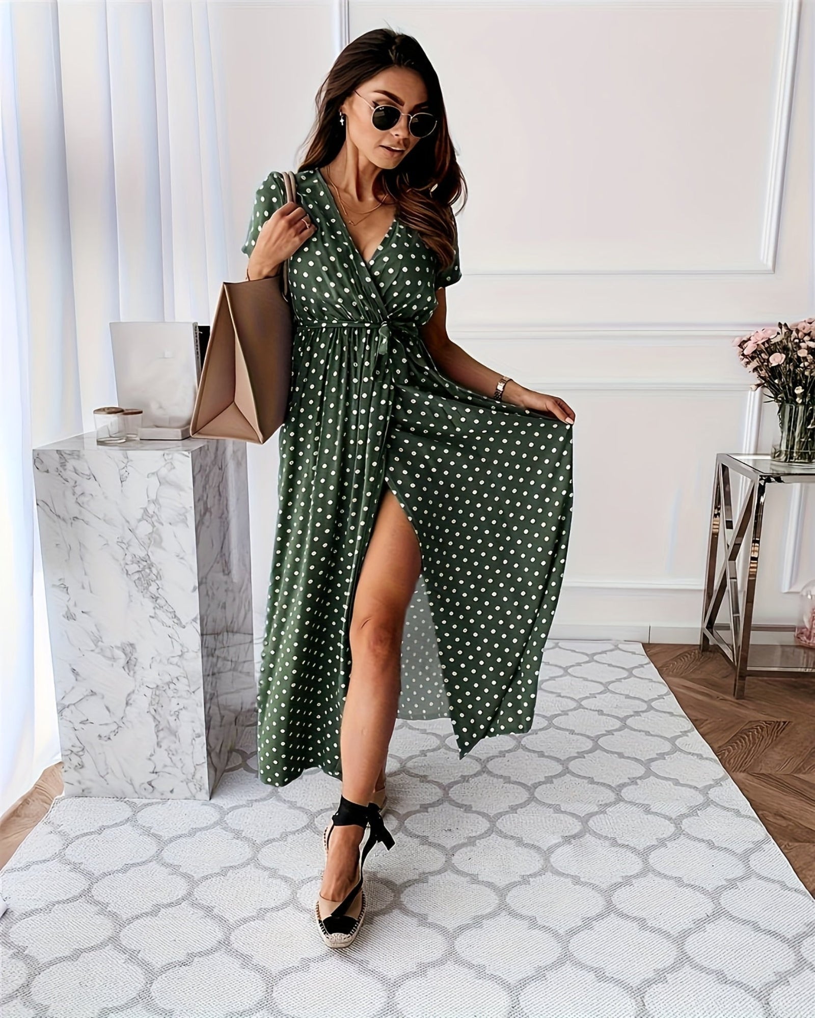 Mavis – Chic V - Neck Polka Dot Midi Dress with Side Slit - Dresses - Boho Style
