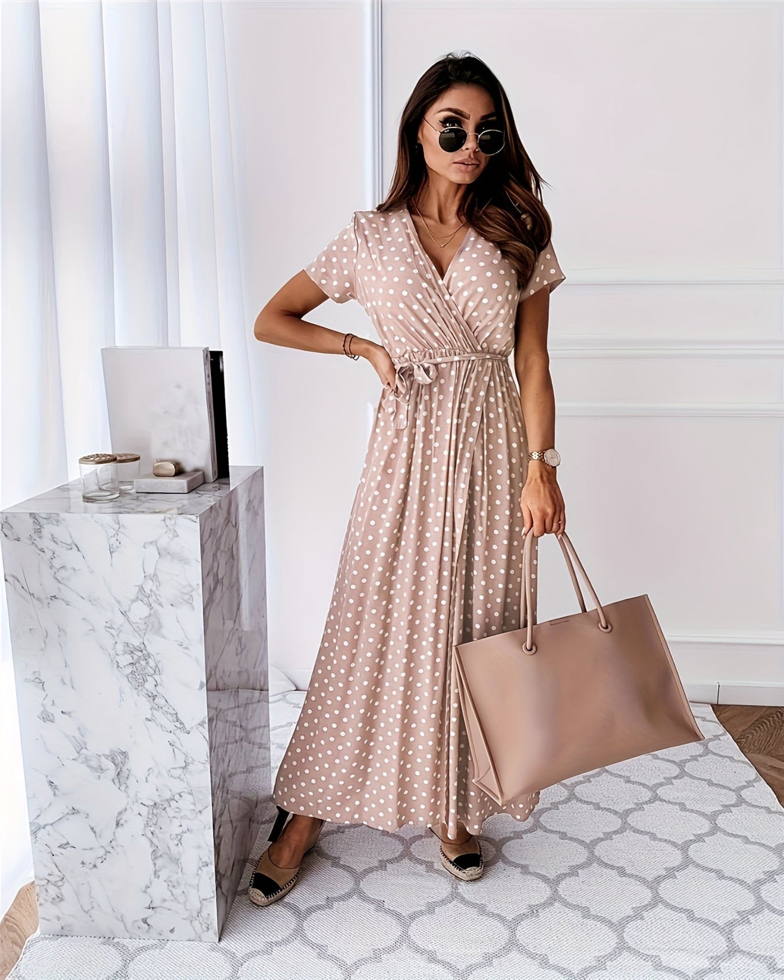 Mavis – Chic V - Neck Polka Dot Midi Dress with Side Slit - Dresses - Boho Style