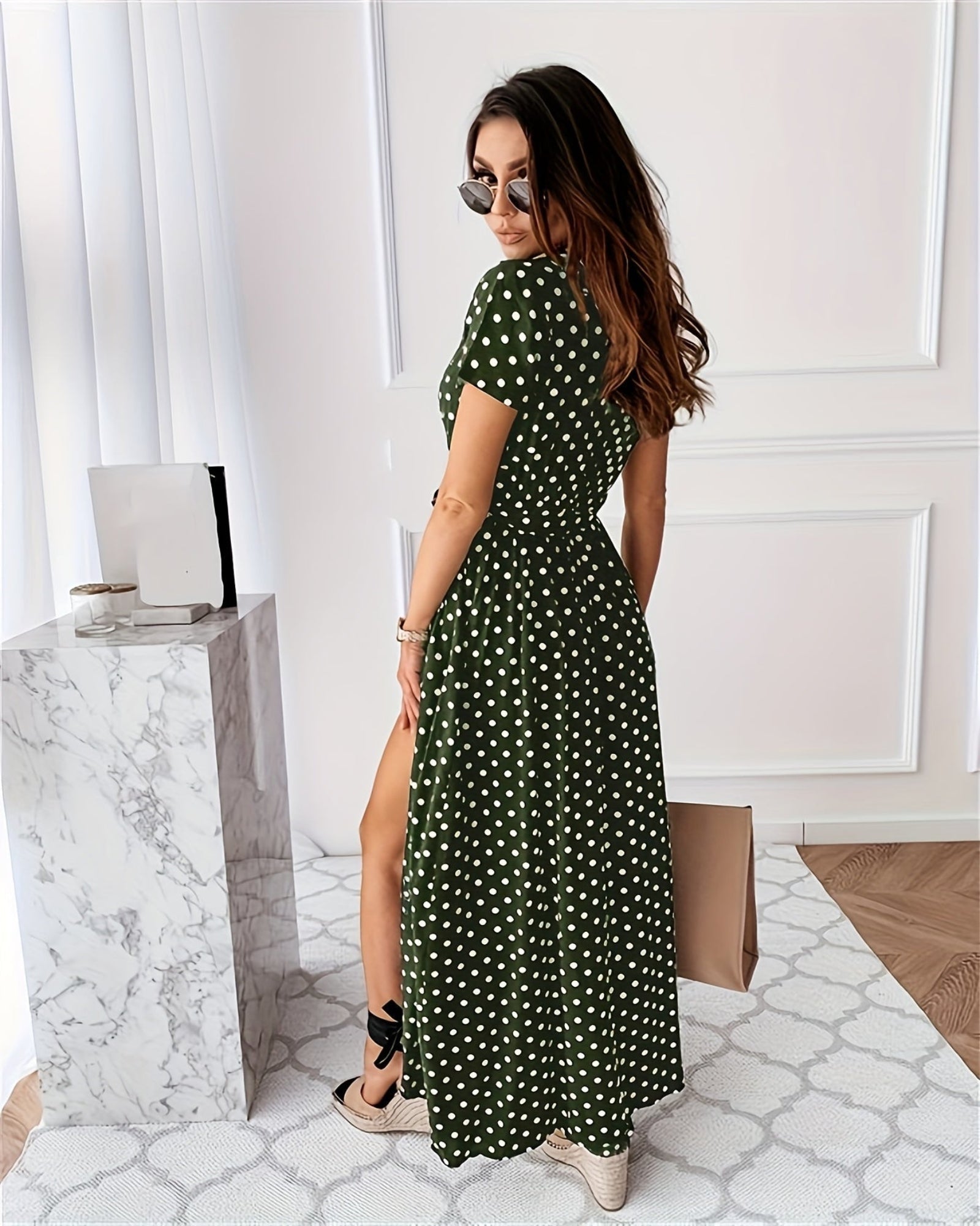 Mavis – Chic V - Neck Polka Dot Midi Dress with Side Slit - Dresses - Boho Style