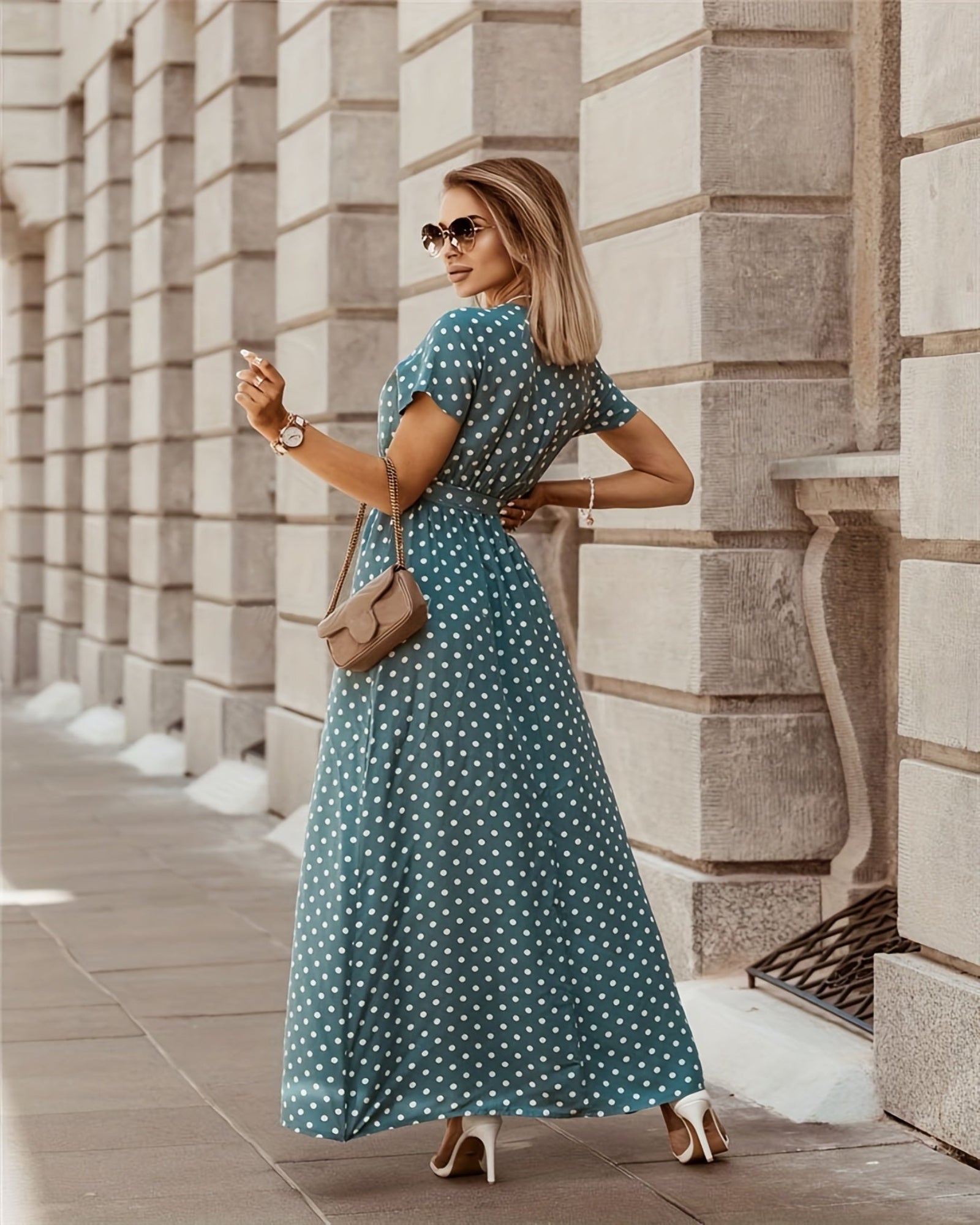 Mavis – Chic V - Neck Polka Dot Midi Dress with Side Slit - Dresses - Boho Style