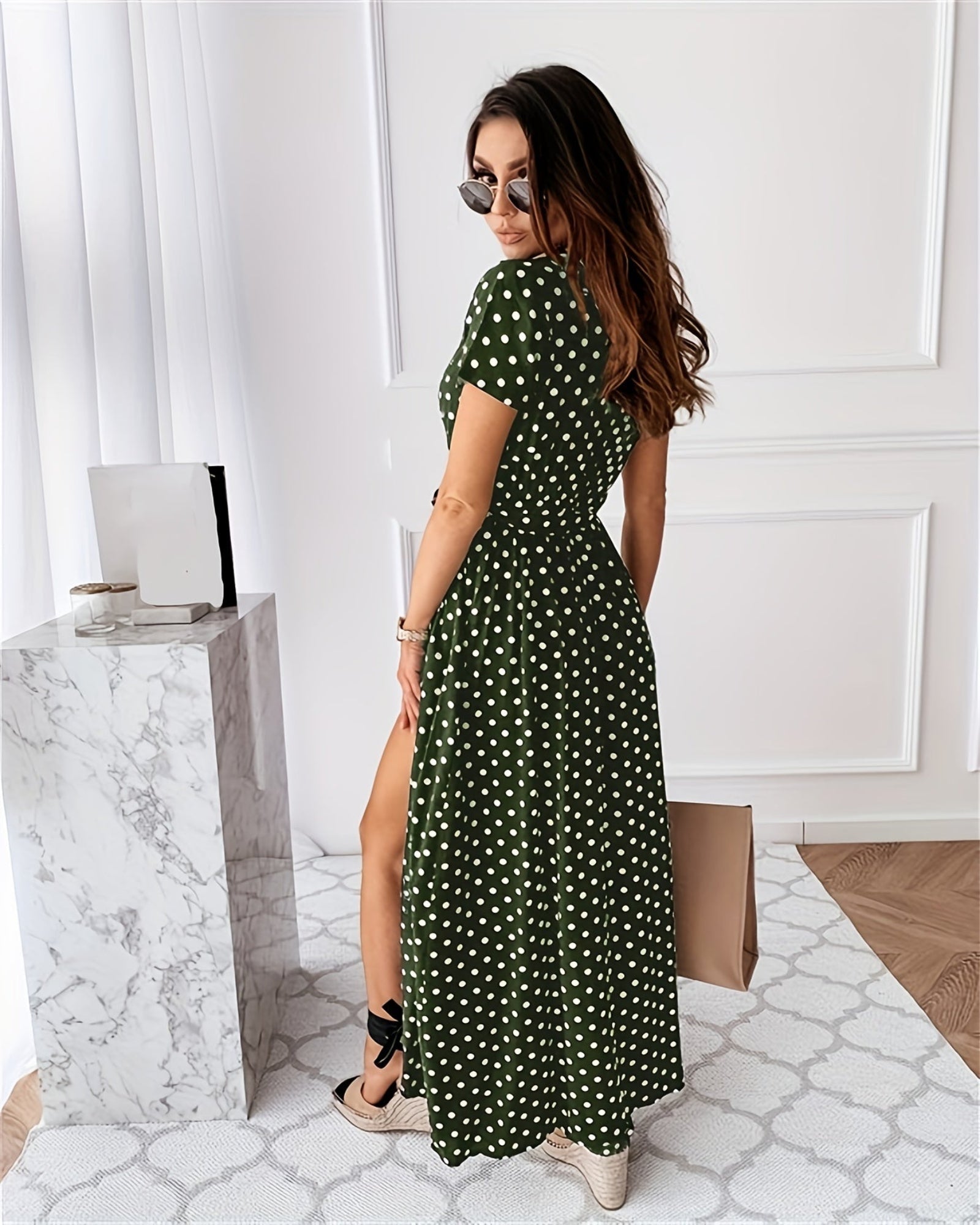 Mavis – Chic V - Neck Polka Dot Midi Dress with Side Slit - Dresses - Boho Style