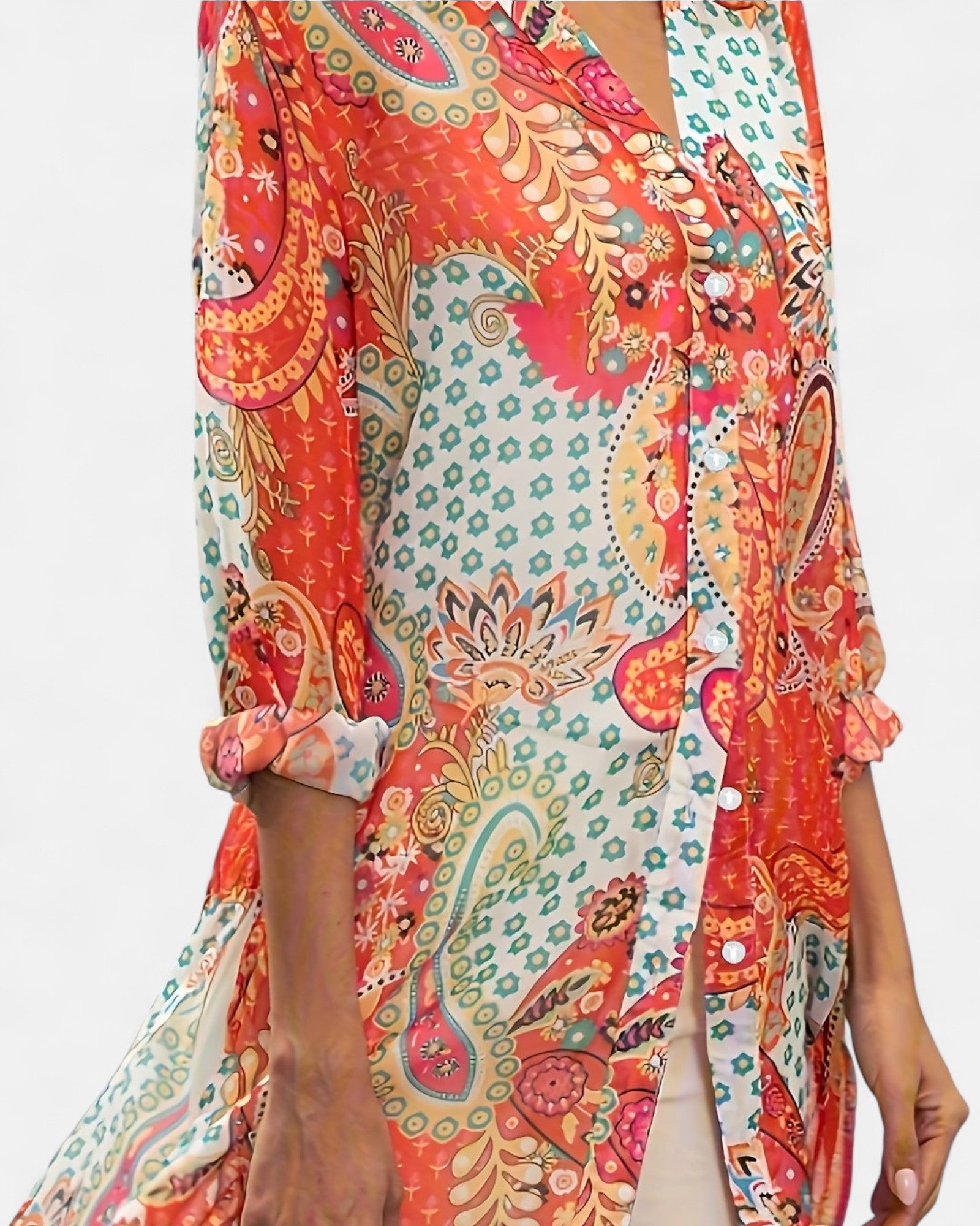 Megan – Plus - Size Boho Floral Tunic with Button Detail - Boho Style - Orange - 0XL -