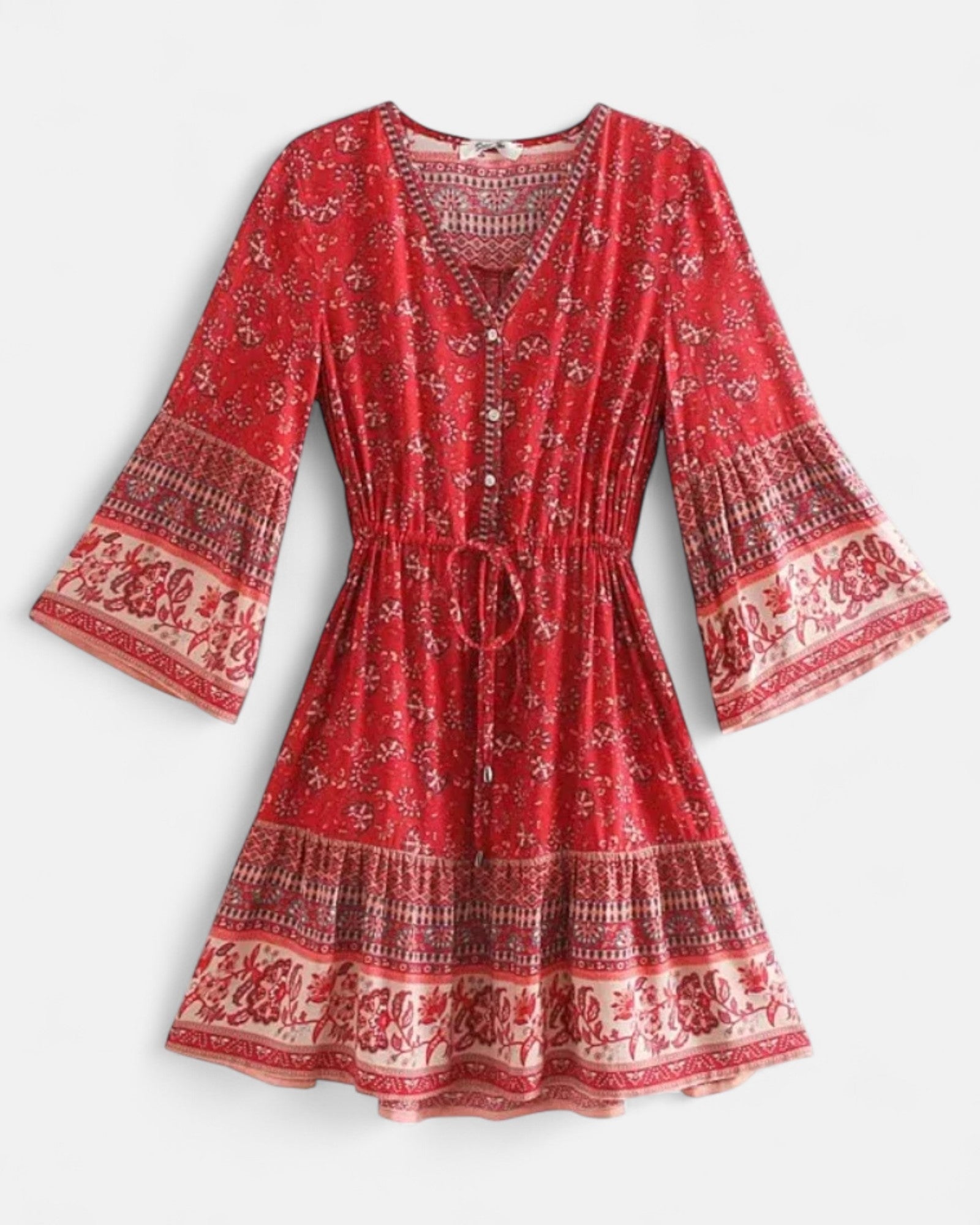 Nellie – Bohemian Floral Cotton V - Neck Mini Dress - Dress - Boho Style