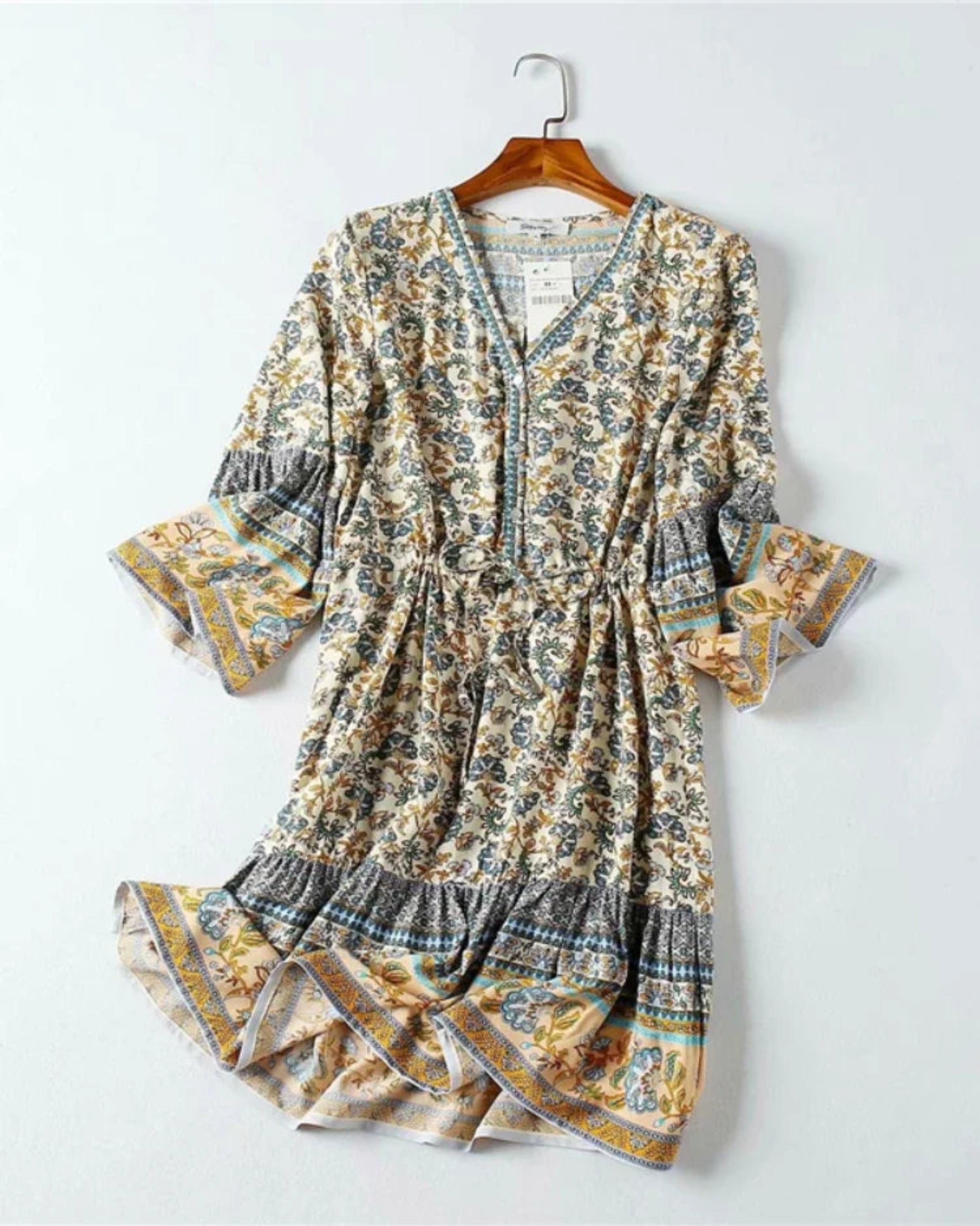 Nellie – Bohemian Floral Cotton V - Neck Mini Dress - Dress - Boho Style
