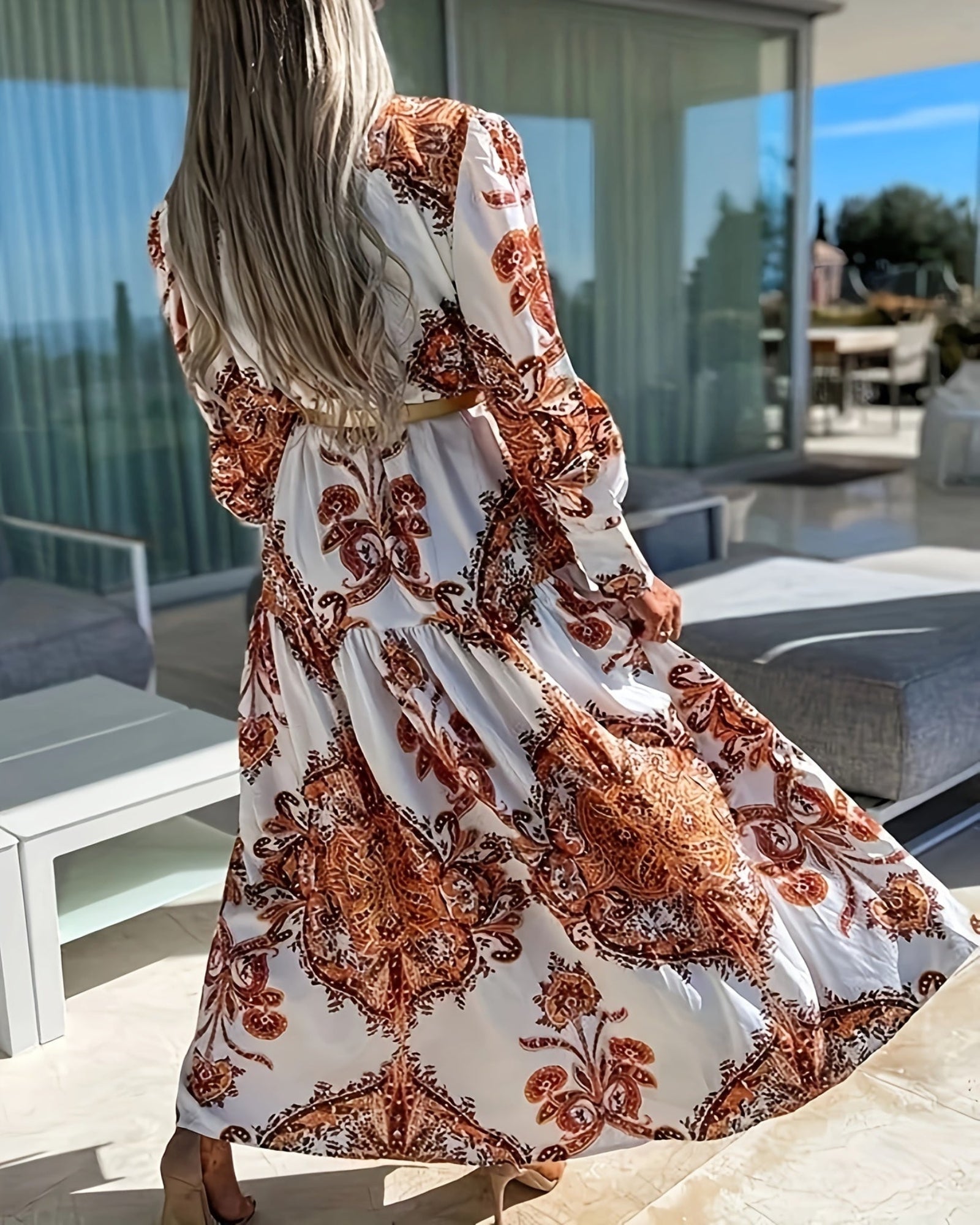 Noelia – Bohemian Maxi Dress with V - Neck & Lantern Sleeves - Dress - Boho Style