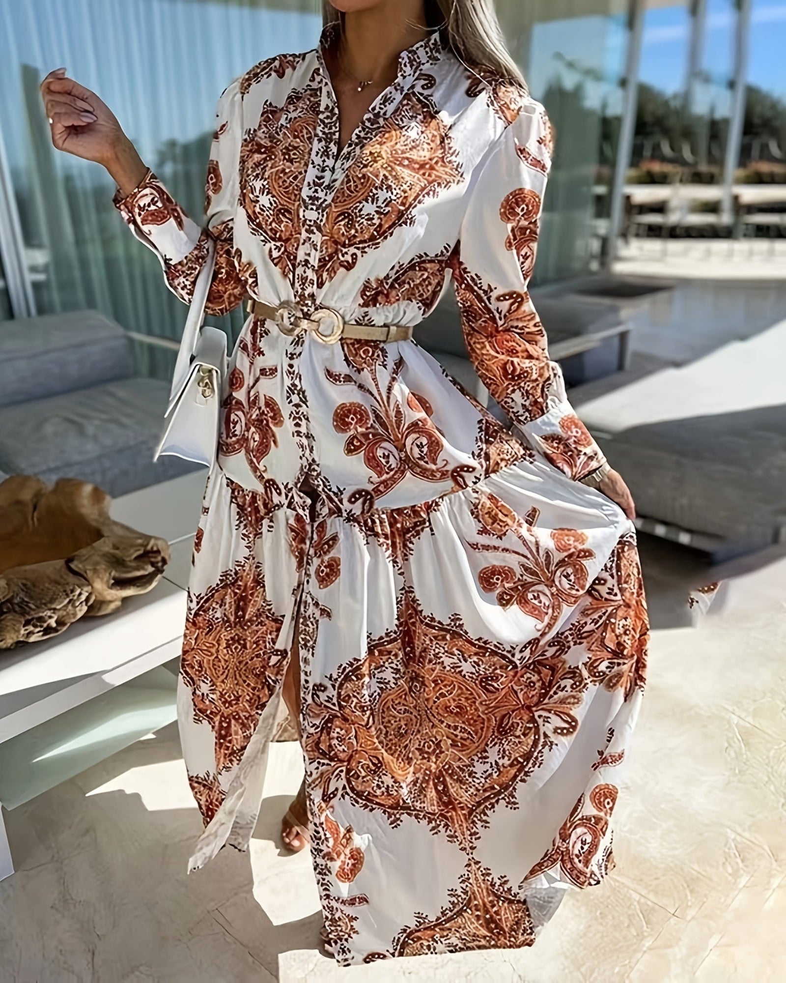 Noelia – Bohemian Maxi Dress with V - Neck & Lantern Sleeves - Dress - Boho Style