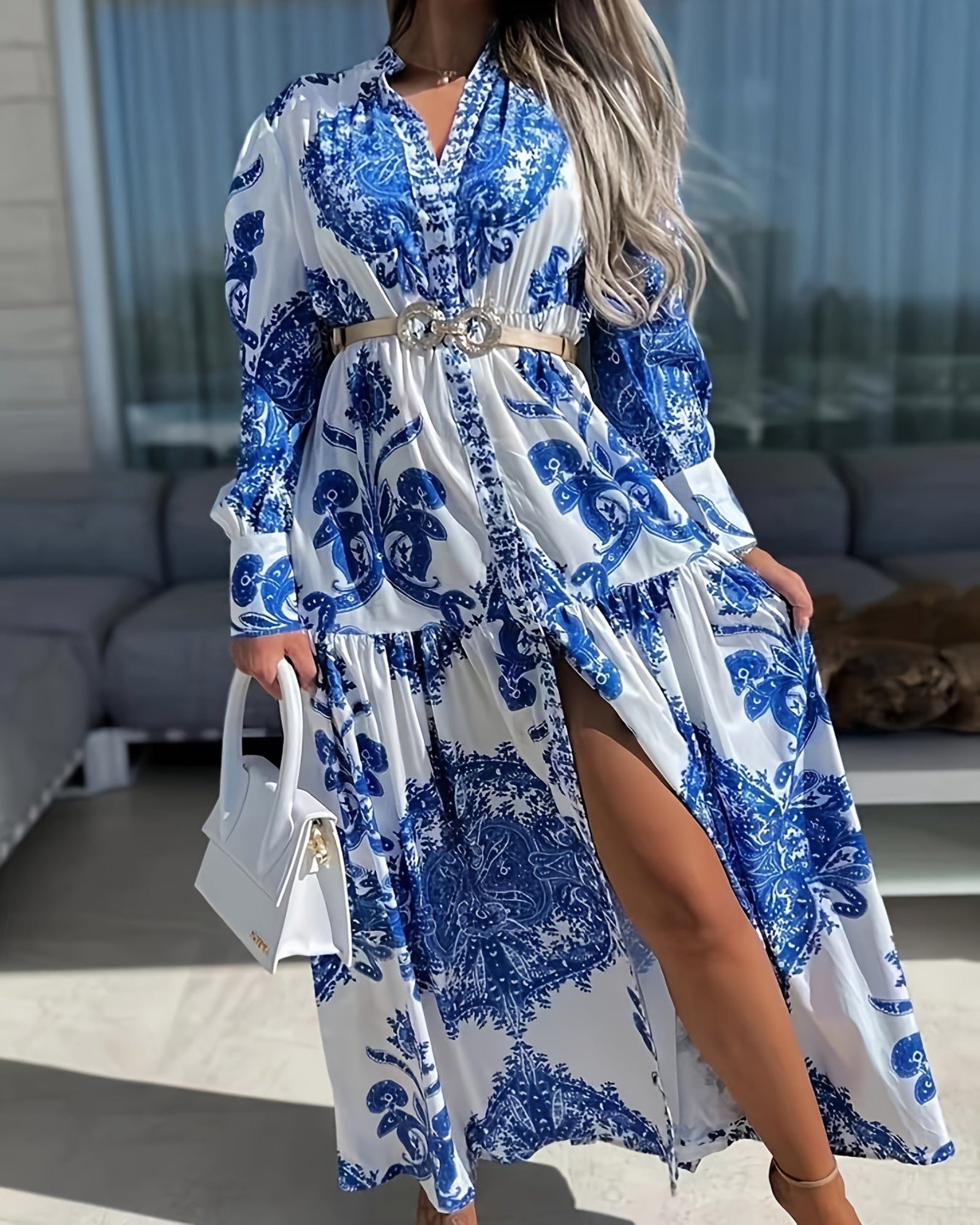 Noelia – Bohemian Maxi Dress with V - Neck & Lantern Sleeves - Dress - Boho Style