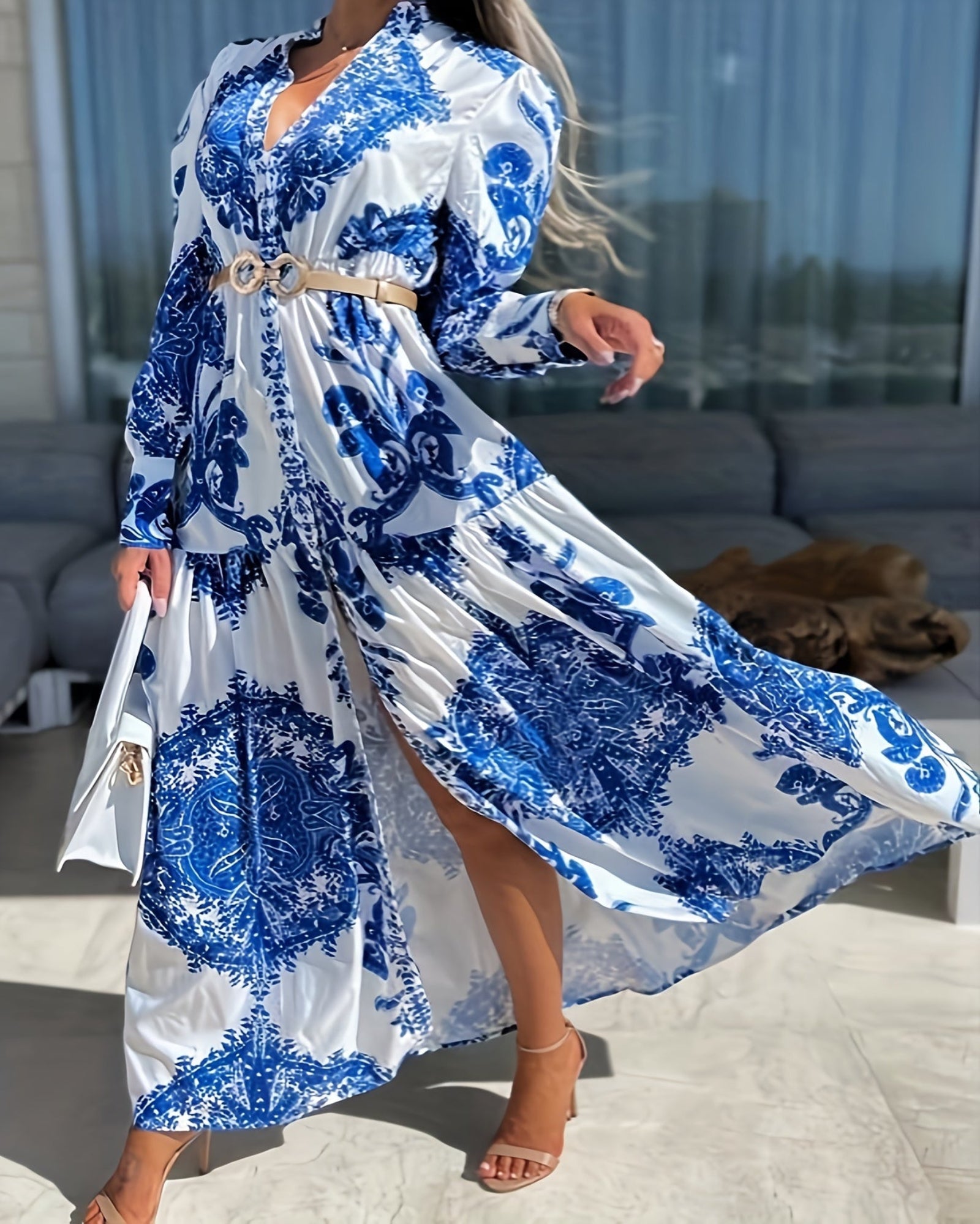 Noelia – Bohemian Maxi Dress with V - Neck & Lantern Sleeves - Dress - Boho Style