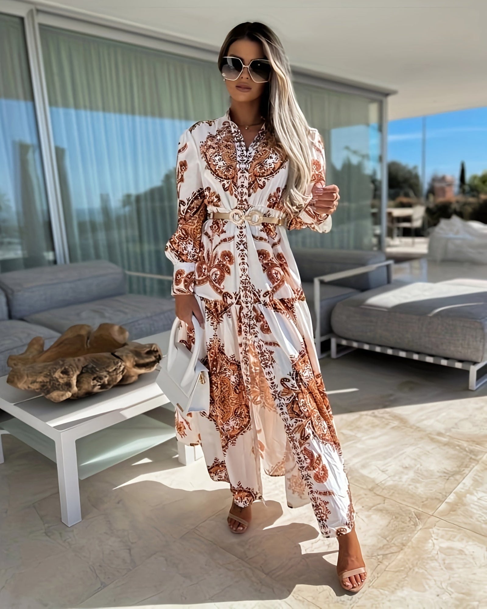 Noelia – Bohemian Maxi Dress with V - Neck & Lantern Sleeves - Dress - Boho Style