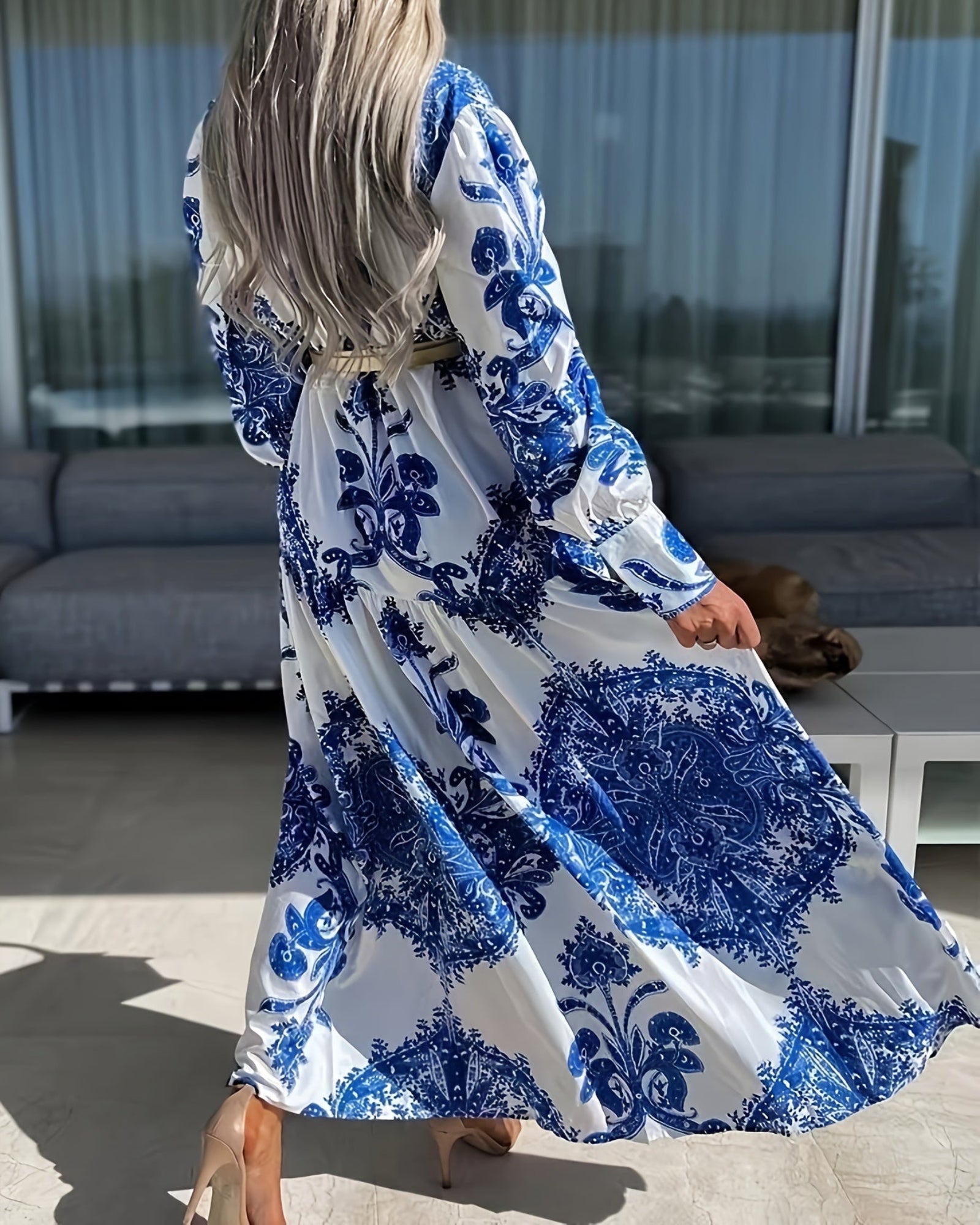 Noelia – Bohemian Maxi Dress with V - Neck & Lantern Sleeves - Dress - Boho Style
