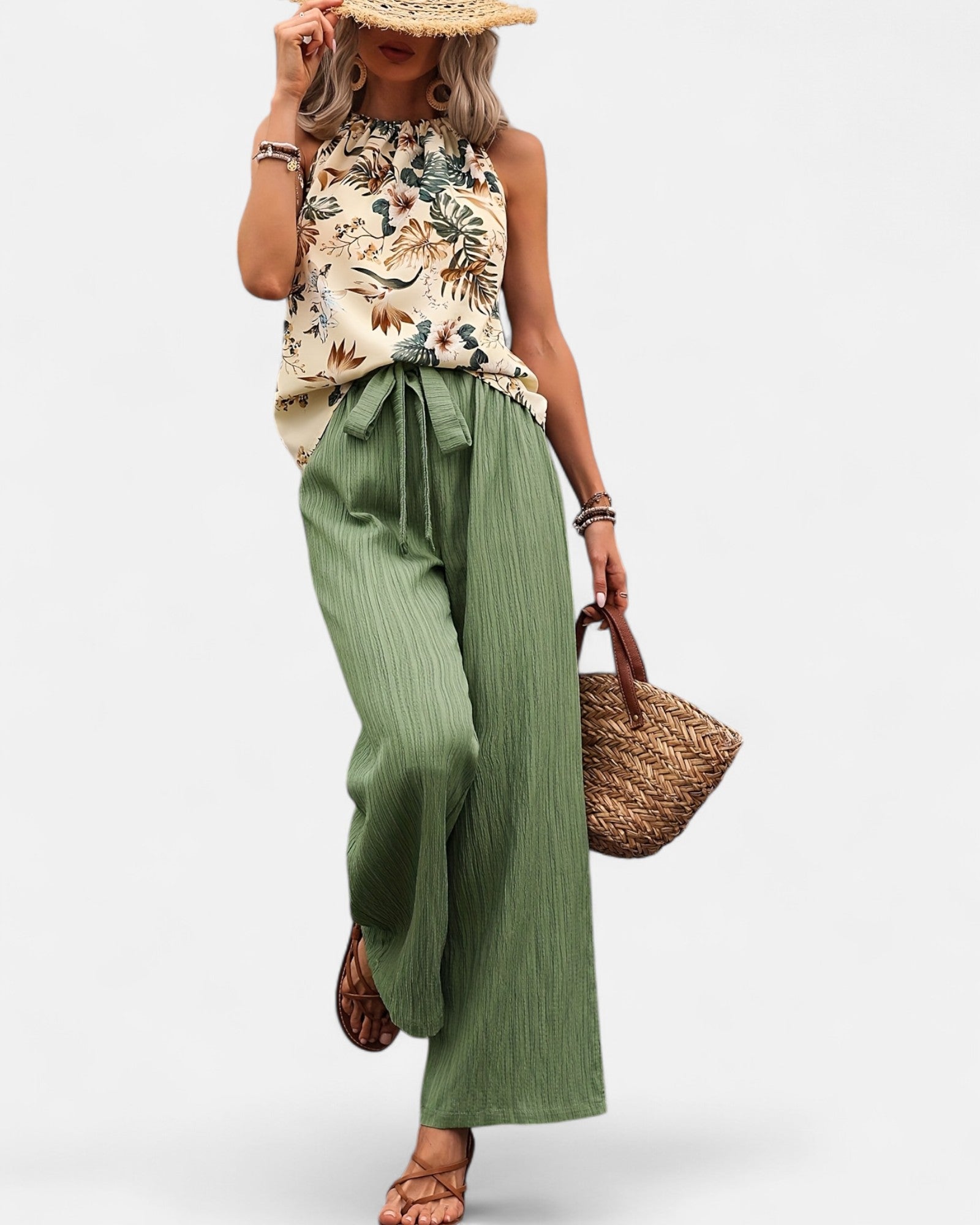 Novella – Boho Floral Print Sleeveless Top & Trousers Set - Outfit Sets - Boho Style