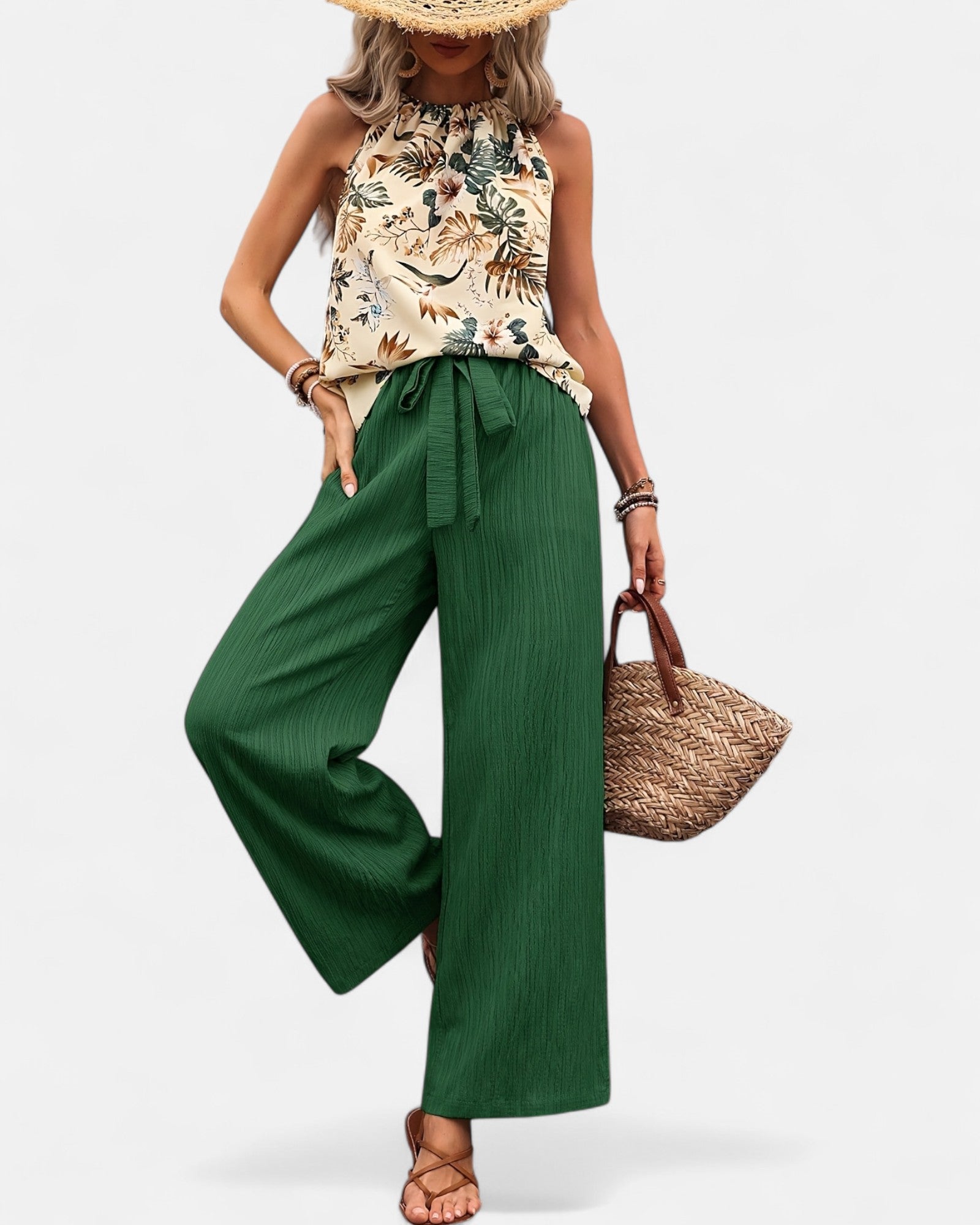 Novella – Boho Floral Print Sleeveless Top & Trousers Set - Outfit Sets - Boho Style