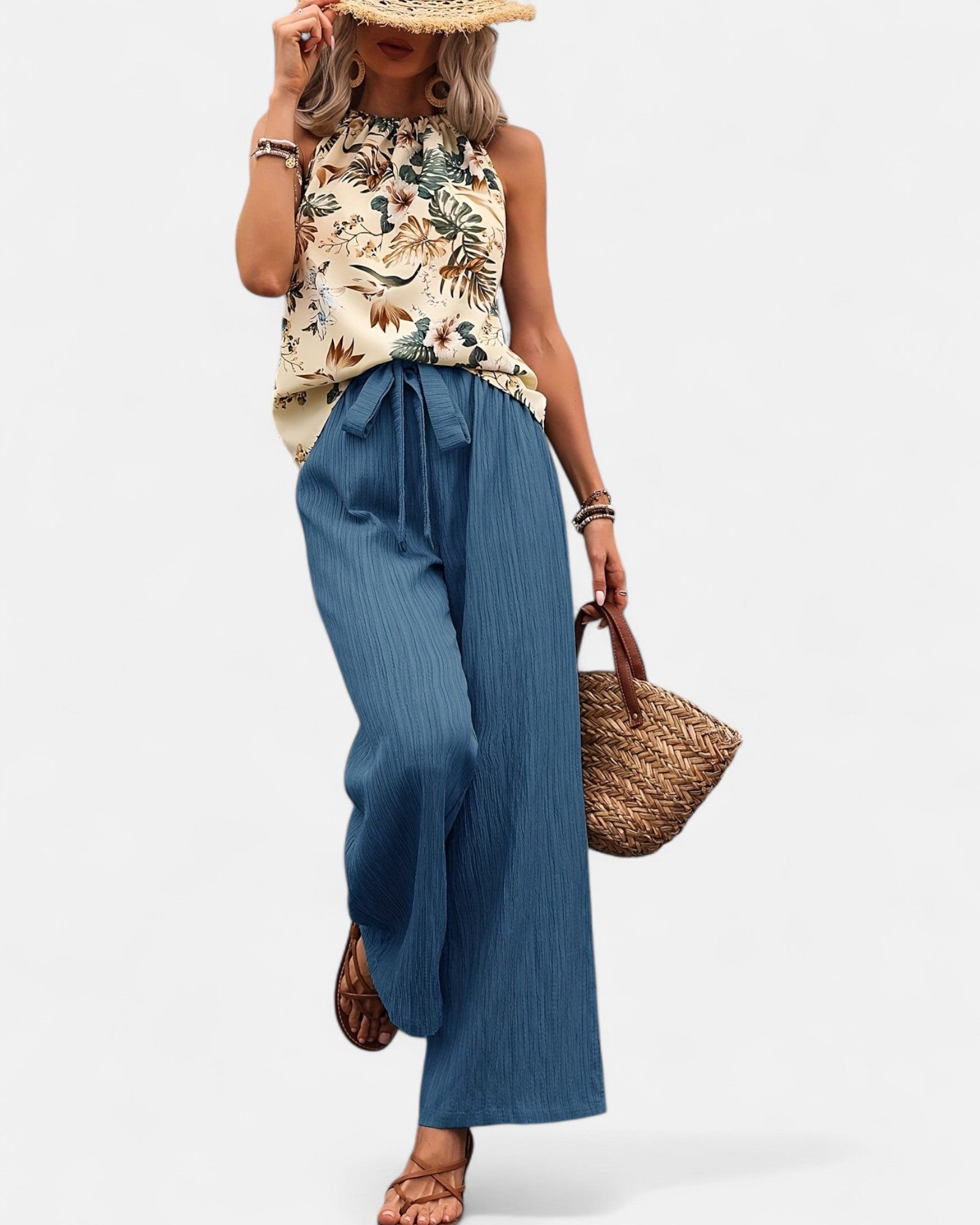 Novella – Boho Floral Print Sleeveless Top & Trousers Set - Outfit Sets - Boho Style