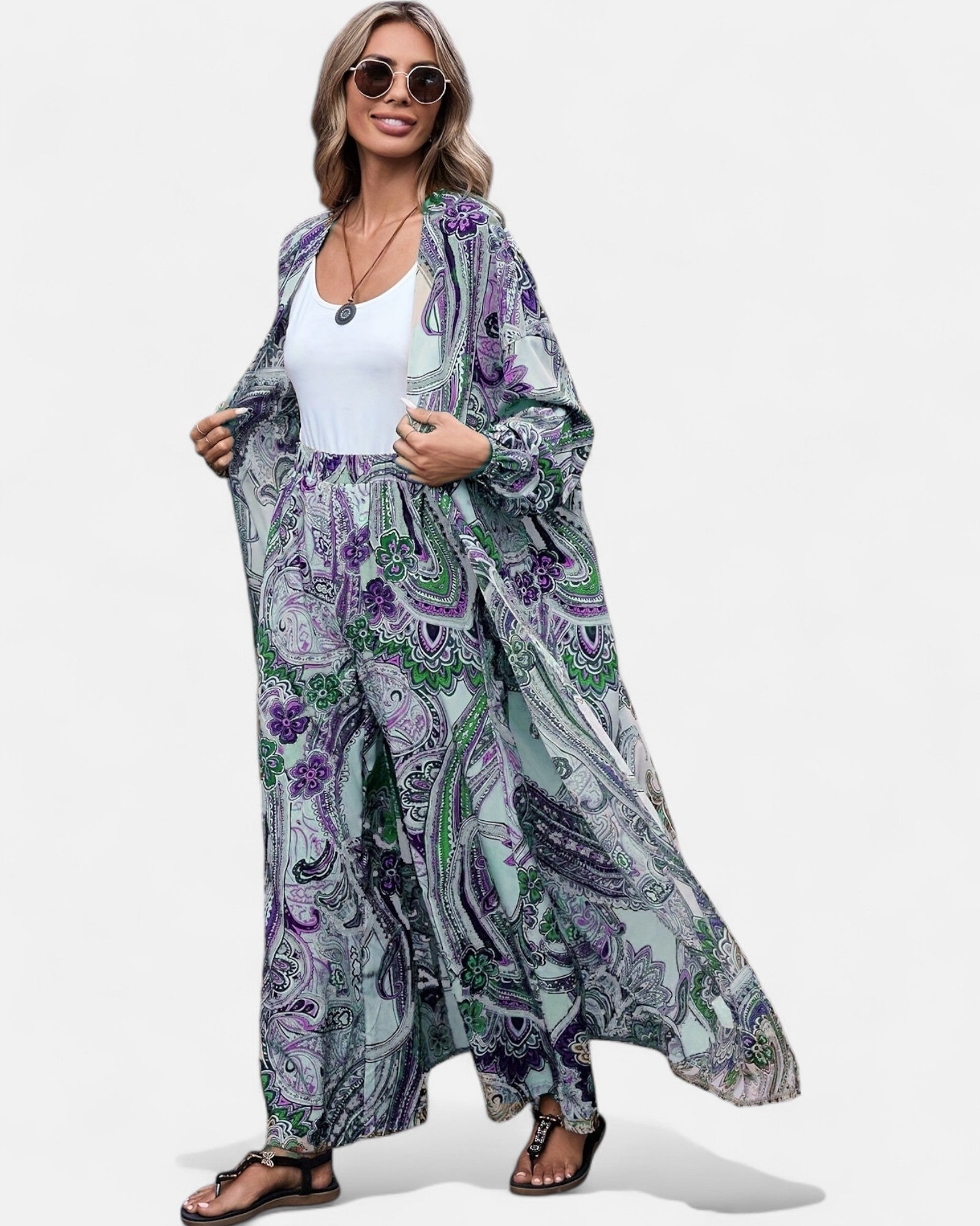 Odalyn – Boho Paisley Cardigan & Wide - Leg Trousers Set - Outfit Sets - Boho Style