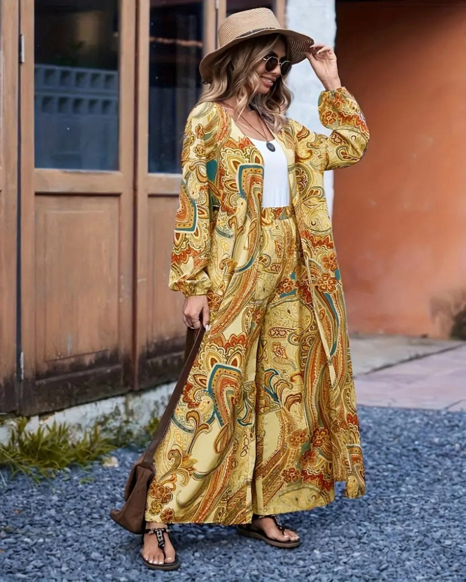 Odalyn – Boho Paisley Cardigan & Wide - Leg Trousers Set - Outfit Sets - Boho Style