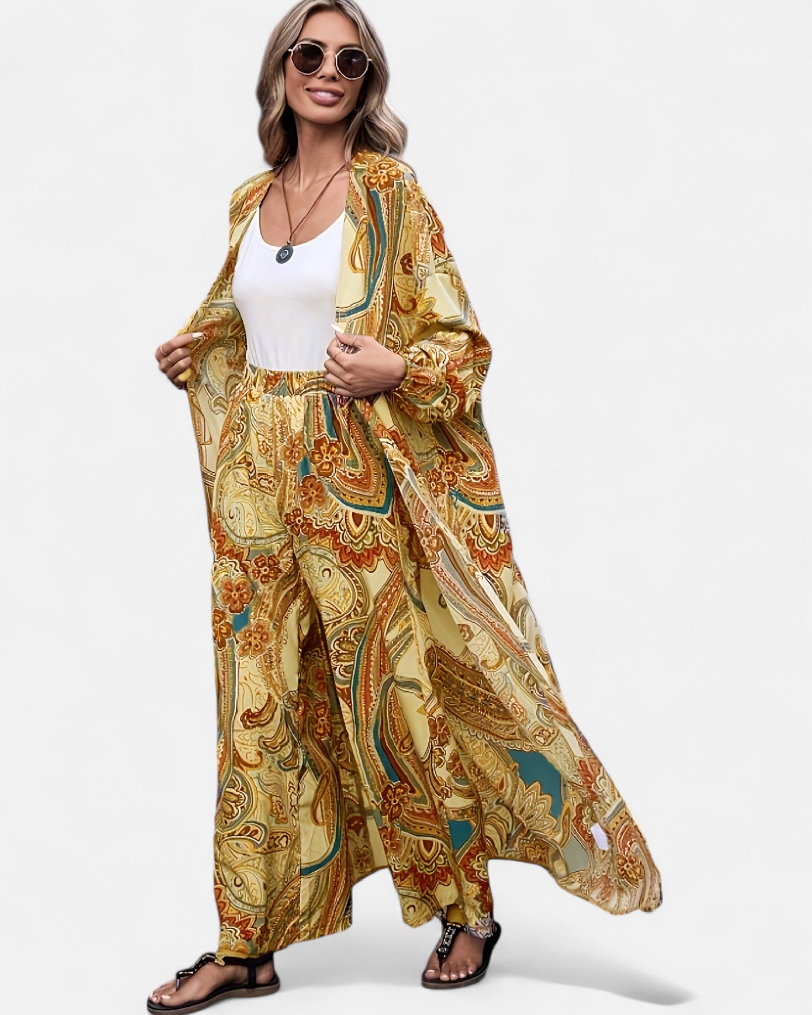 Odalyn – Boho Paisley Cardigan & Wide - Leg Trousers Set - Outfit Sets - Boho Style